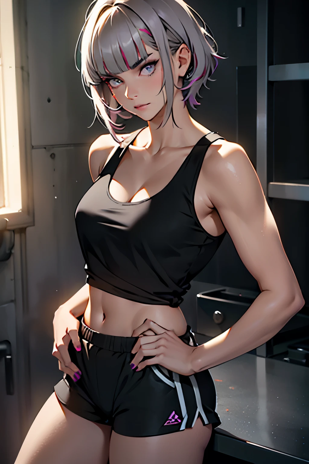 Paulina Andreeva in a barely transparent yellow tank top and short black shorts, with short gray hair with bangs covering her eyebrows and side bangs completed with red highlights, light green eyes and soft makeup in purple and black, in a sensual pose