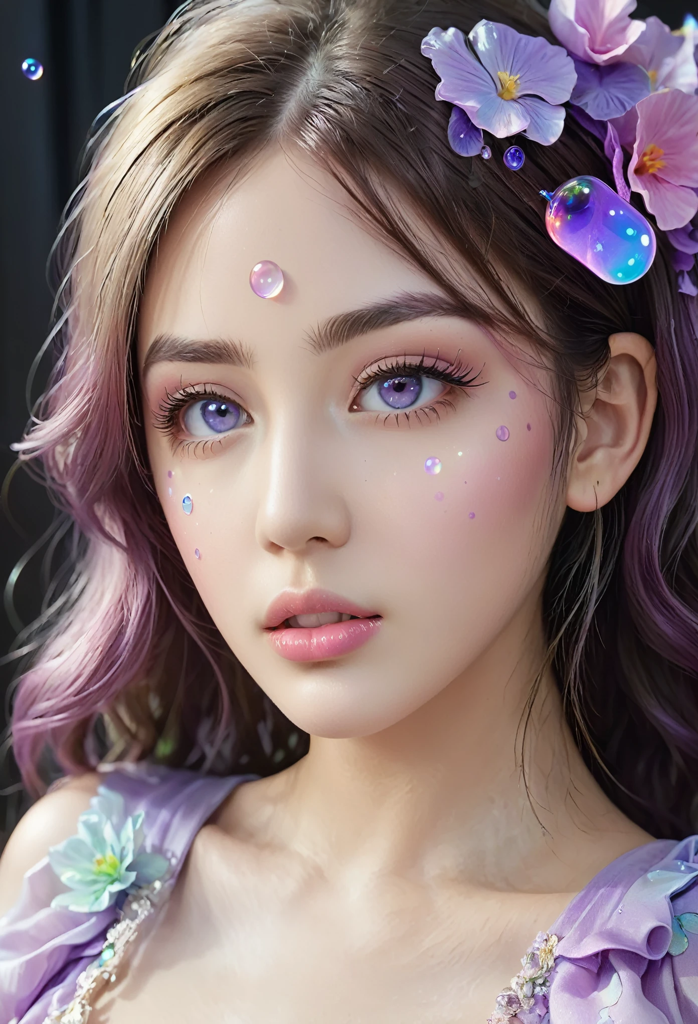 ((masterpiece:1.5)). This work of art is sweet, dreamy, idyllic and ethereal, with soft violet watercolor tones and many ornate bubble accents with iridescent colors. beautiful fairy dress, Generate a delicate and demure fae exploring a (Bubblegum World with a wide variety of pastel shades).(Floating low), Her sweet face is extremely detailed and realistic with elegant features., A perfect, half-open and sensual mouth ,with swollen, kissable lips, and looks like ((((a classy Micarah Tewers)))). His lips are a uniform shade of pink. Includes fun and impressive features. Highly realistic eyes. His eyes are important and must be hyper-realistic, highly detailed and beautiful. In high definition and detail, it includes many details such as stars, galaxies, colorful bubbles, colorful petals, shiny paint drips, iridescence, and a lot of energy and emotion. mouth are important!)), ((Includes fantasy details:1.6)), Improved details, Iridescence, Colorful and bright wind, and pollen. Pay special attention to your face and make sure it is beautifully detailed and realistic... camera: This art is dreamlike and ethereal and the camera should emphasize those features... Create something that is strikingly beautiful with fairy tones. Use dynamic composition techniques, ((Imaginative scene)),((perfect, meticulously detailed:1.4)), ((full shot: 1.4, Dynamic pose:1.3)), ((Best quality)), ((Masterpiece)) , 3D, (Hyper Detailed: 1.3), ((Epic Scenery: 1.3)), (Photorealistic: 1.4), ((Front Camera, Long Shot)), ((Low Light Night Cinema Lighting: 1.2)) .32k.