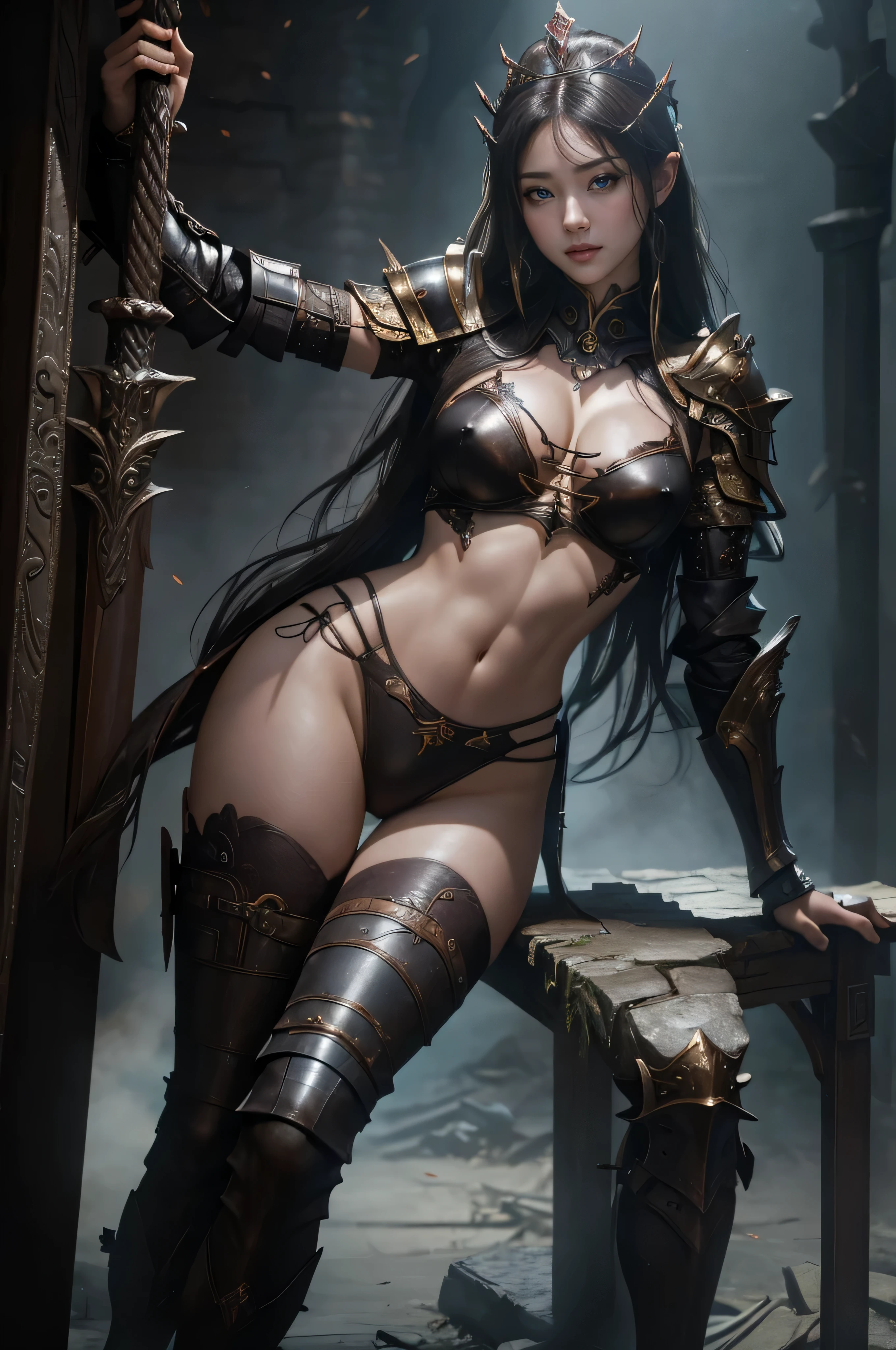 (( masterpiece : 1.2 )), ((8k res )), ((ultra-detailed , ultra realistic : 1.2)) ,clean images ,(( Portrait of a female queen half body wearing sexy dark armor , photo realistic , background : battleground, ruined city, blazing fire )) , colossal boobies , nice butt , nice thigh ,(( sexy bikini armor )) sexy knight , sexy succubus ,sexy wizard , ((pretty asian face)) , pretty eyes , ( sexy pose ) , seduced face , camera from below , seduced pose .