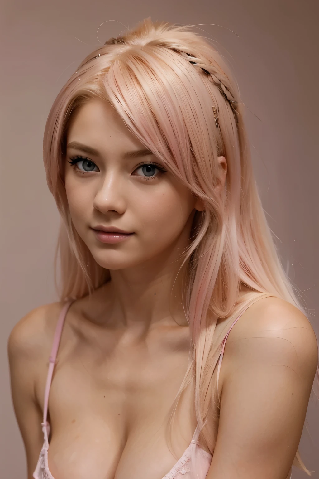 generate sexy , but a delicate looking blonde with pink tips at the age of 17. make her as a naruto anime cosplayer