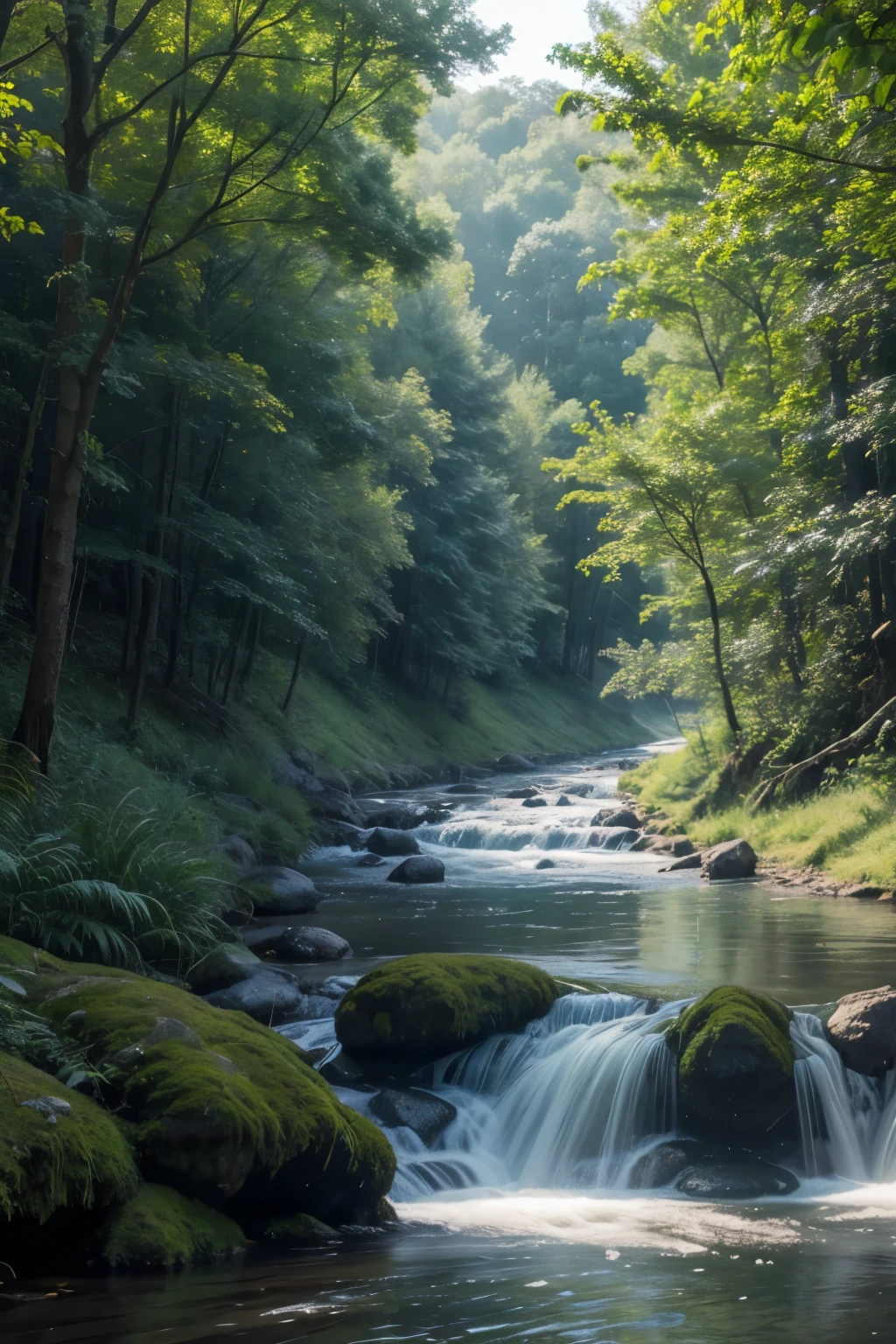 small misty, dense forest with fruit trees and river