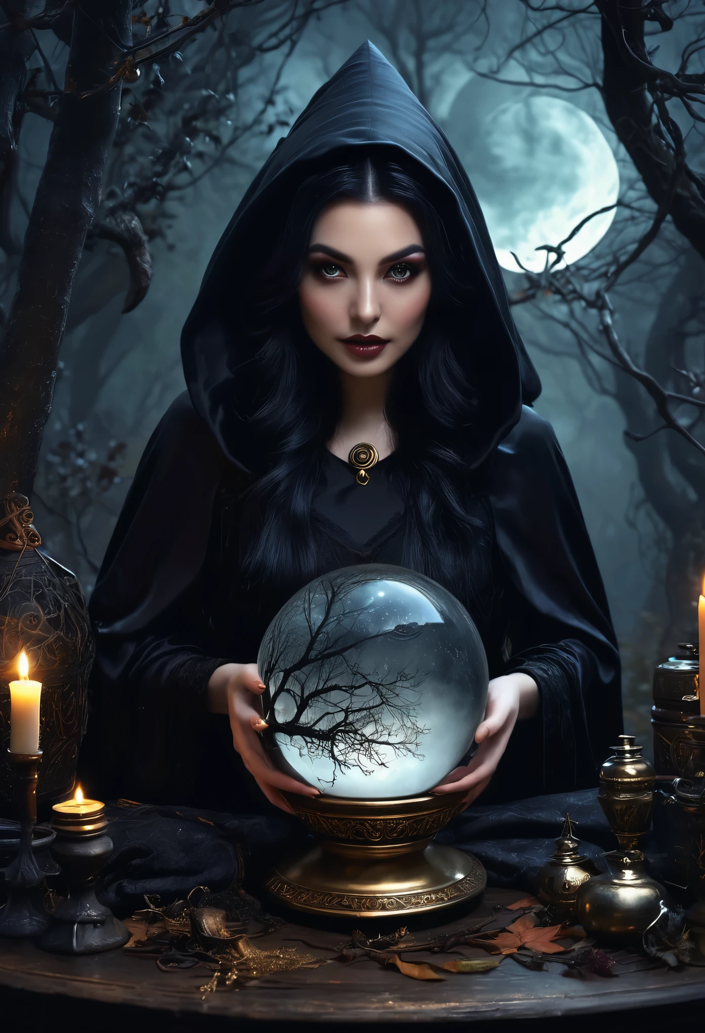 (best quality:1.2, realistic:1.37), dark fantasy, witchy atmosphere, nine-breasted witch, spellbinding eyes, flowing black hair, enchanted forest, crescent moon, moonlit sky, ominous shadows, magical potions, crystal ball, mystical symbols, witchcraft rituals, golden cauldron, flickering candlelight, ancient spellbook, hauntingly beautiful, ethereal glow, nightmarish creatures, whispering winds, occult magic, witches' coven, dark magic unleashed, spellbinding hexes, enchanted spells, otherworldly power, cloaked in mystery, forbidden knowledge, malevolent intentions