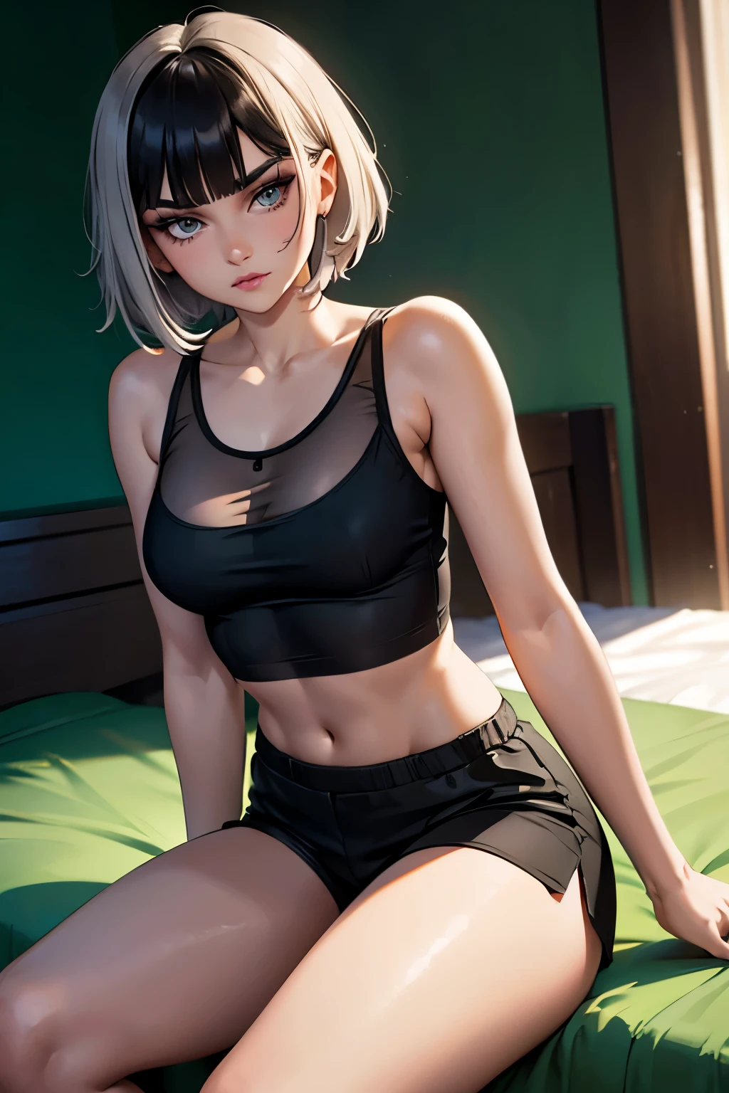 Paulina Andreeva in a barely transparent yellow tank top and short black shorts, with short gray hair with bangs covering her eyebrows and side bangs completed with red highlights, light green eyes and soft makeup in purple and black, in a sensual pose