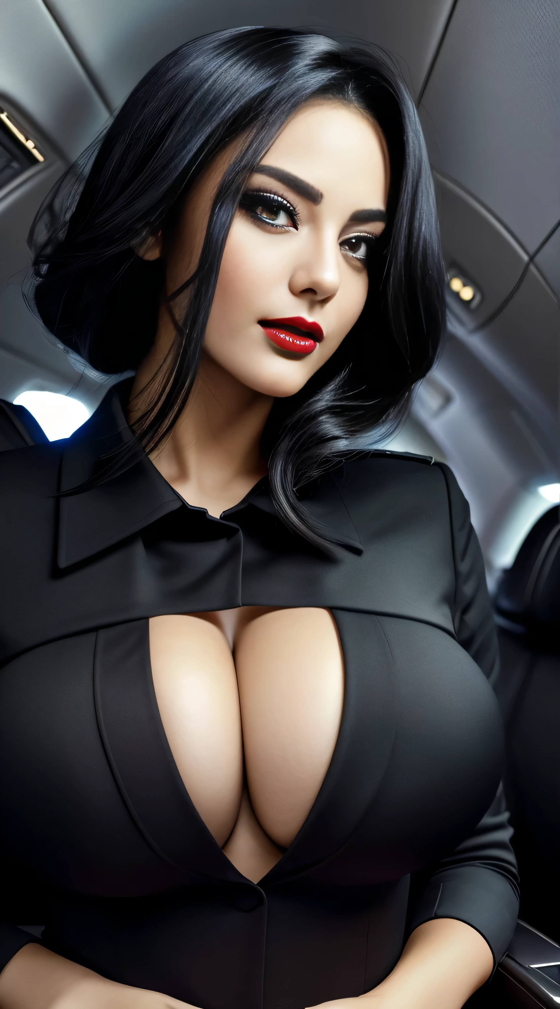 (best quality)), ((masterpiece)), (detailed), perfect face, Envision an art drawing of a female with dark black hair styled, her eyes adorned with smoky eyeshadow and dramatic eyeliner, in short flight attendant uniform, seductive smile, her curves, huge breasts, slim waist, curvy figure, proportionate hips, huge breasts. Use a dimly light setting to enhance her mysterious charm. red lips, inside a private plane, perfect hands, perfect fingers