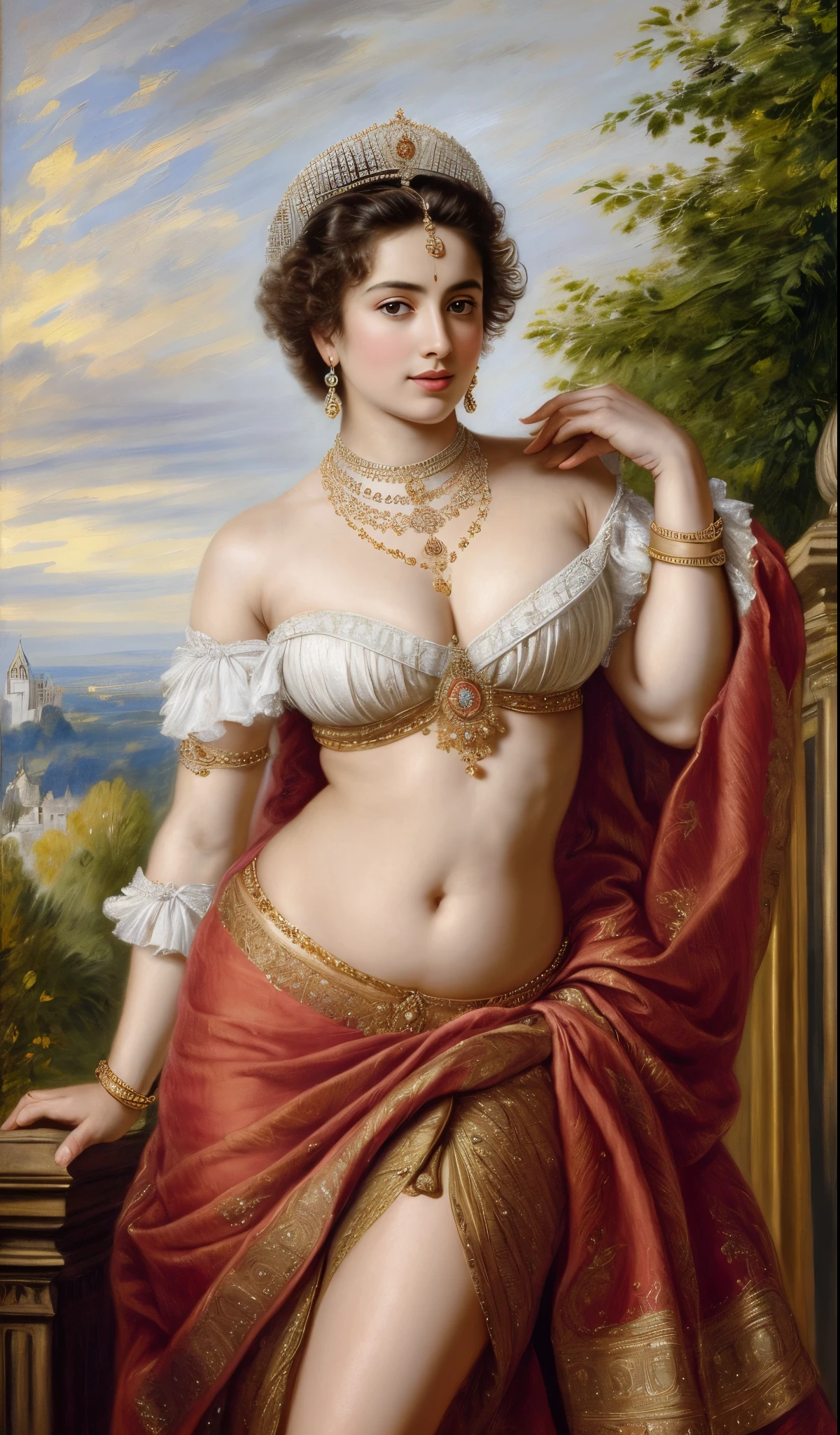 Best quality, highly detailed, masterpiece, Indian princess, Rajkanya, royal clothes, Masterpiece, extremely gorgeous woman, matchless Beauty, portrait, Peter Paul Rubens style, Woman, off shoulder bandeau crop blouse, middle ages, classicism, andrey atroshenko style, painting, long hair, styled hair, traditional media, realistic, figurative, fine art, detailed Art, oil on canvas, HDR, 8K, original character, high resolution, high detail, focus on the face, intricate, flawless, fluffy hair, Peter Paul Rubens style, By Peter Paul Rubens, sharp picture, avoid crown or mukut in picture,