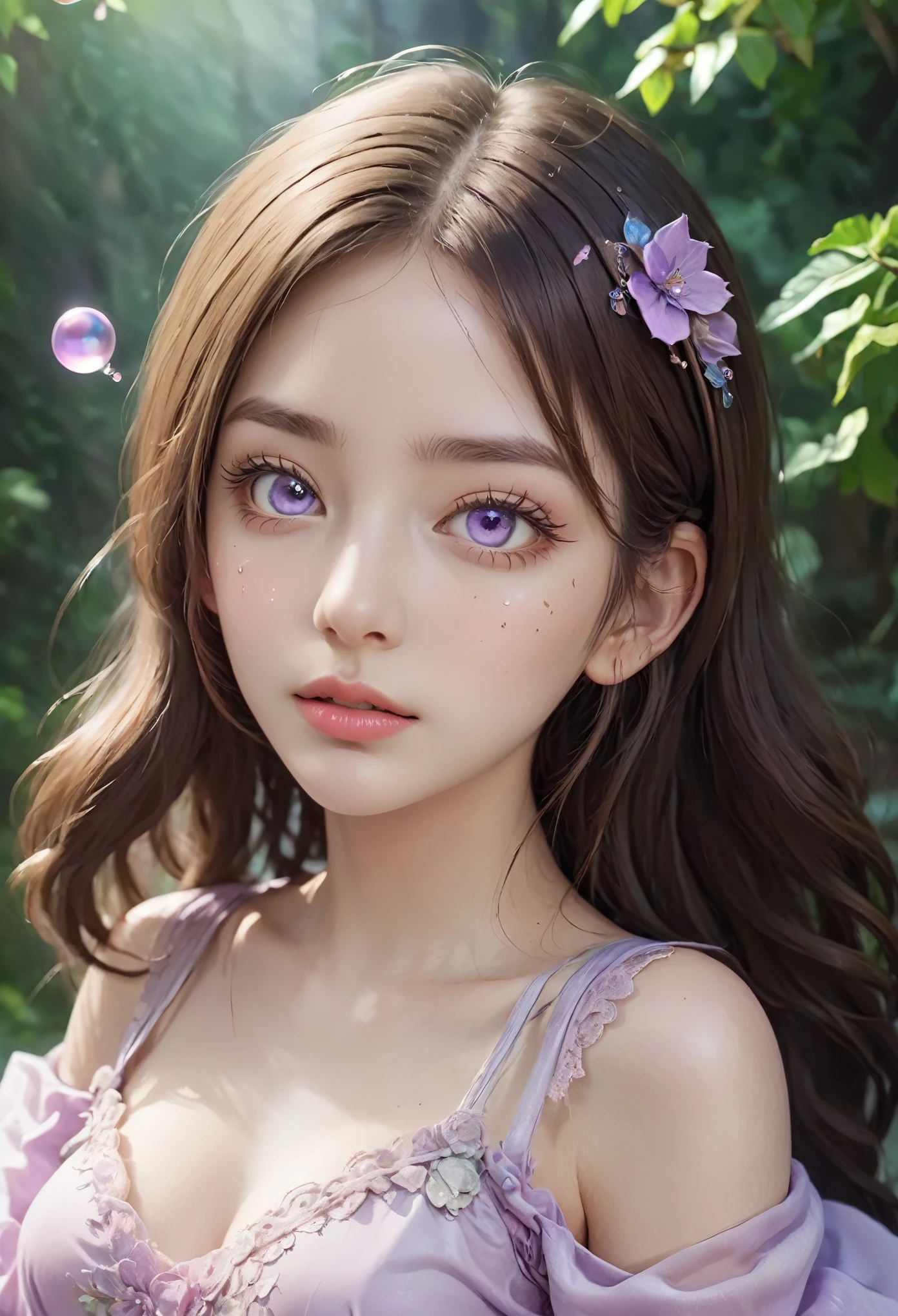 ((masterpiece:1.5)). This work of art is sweet, dreamy, idyllic and ethereal, with soft violet watercolor tones and many ornate bubble accents with iridescent colors. beautiful fairy dress, Generate a delicate and demure fae exploring a (Bubblegum World with a wide variety of pastel shades).(Floating low), Her sweet face is extremely detailed and realistic with elegant features., A perfect, half-open and sensual mouth ,with swollen, kissable lips, and looks like ((((a classy Micarah Tewers)))). His lips are a uniform shade of pink. Includes fun and impressive features. Highly realistic eyes. His eyes are important and must be hyper-realistic, highly detailed and beautiful. In high definition and detail, it includes many details such as stars, galaxies, colorful bubbles, colorful petals, shiny paint drips, iridescence, and a lot of energy and emotion. mouth are important!)), ((Includes fantasy details:1.6)), Improved details, Iridescence, Colorful and bright wind, and pollen. Pay special attention to your face and make sure it is beautifully detailed and realistic... camera: This art is dreamlike and ethereal and the camera should emphasize those features... Create something that is strikingly beautiful with fairy tones. Use dynamic composition techniques, ((Imaginative scene)),((perfect, meticulously detailed:1.4)), ((full shot: 1.4, Dynamic pose:1.3)), ((Best quality)), ((Masterpiece)) , 3D, (Hyper Detailed: 1.3), ((Epic Scenery: 1.3)), (Photorealistic: 1.4), ((Front Camera, Long Shot)), ((Low Light Night Cinema Lighting: 1.2)) .32k.