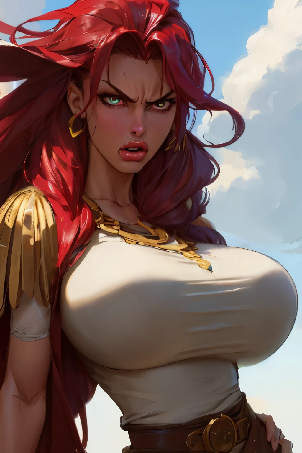 Girl with wavy red hair and rebellious, ((hair slicked back)), (((angry eyes))), ((dark circles around eyes)), golden eyes and tanned skin, ancient roman pirate style clothes, (gigantic breasts), background with clouds, realistic manhwa style.