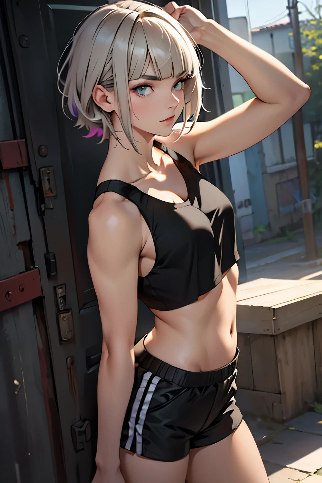 Paulina Andreeva in a barely transparent yellow tank top and short black shorts, with short gray hair with bangs covering her eyebrows and side bangs completed with red highlights, light green eyes and soft makeup in purple and black, in a sensual pose