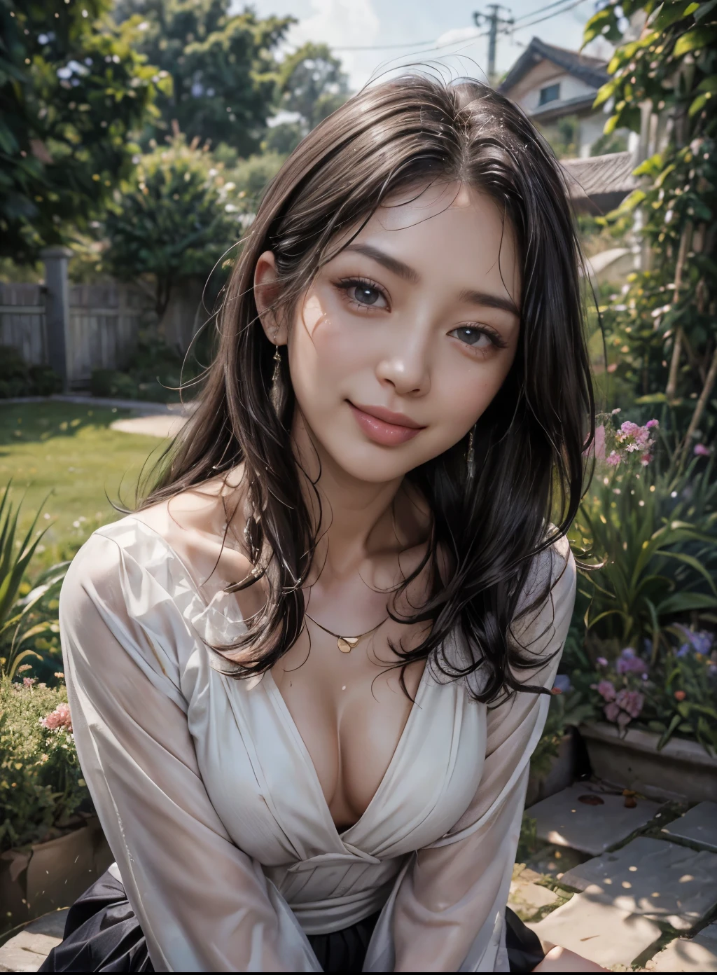 8k、full body、standing position、(((garden、lawn square)))、収益性の低いsmile、(Super realistic)、(photograph)、(High resolution)、(In 8K)、(very detailed)、(best illustration)、(beautiful detailed eyes)、(top-quality)、(super detail)、(master piece)、(wallpaper)、(detailed face 1.4)、Drooping eyes、Full body close up、long hair、inner color、solo、1 neat married woman Japan、46 years old、(thin thighs)、(Glossy skin)、garden、 rain wet、small nipples、smile、happy face、embrace your chest、Wet jacket that covers your chest、short skirt、hourglass waist、constricted waist、small breasts、round chest、(Ahegao、blush、white of eyes、stick out tongue、fine eyes、double eyelid、thin cheeks、shiny skin、shiny little neck、glossy lips、Brightness of the face)
