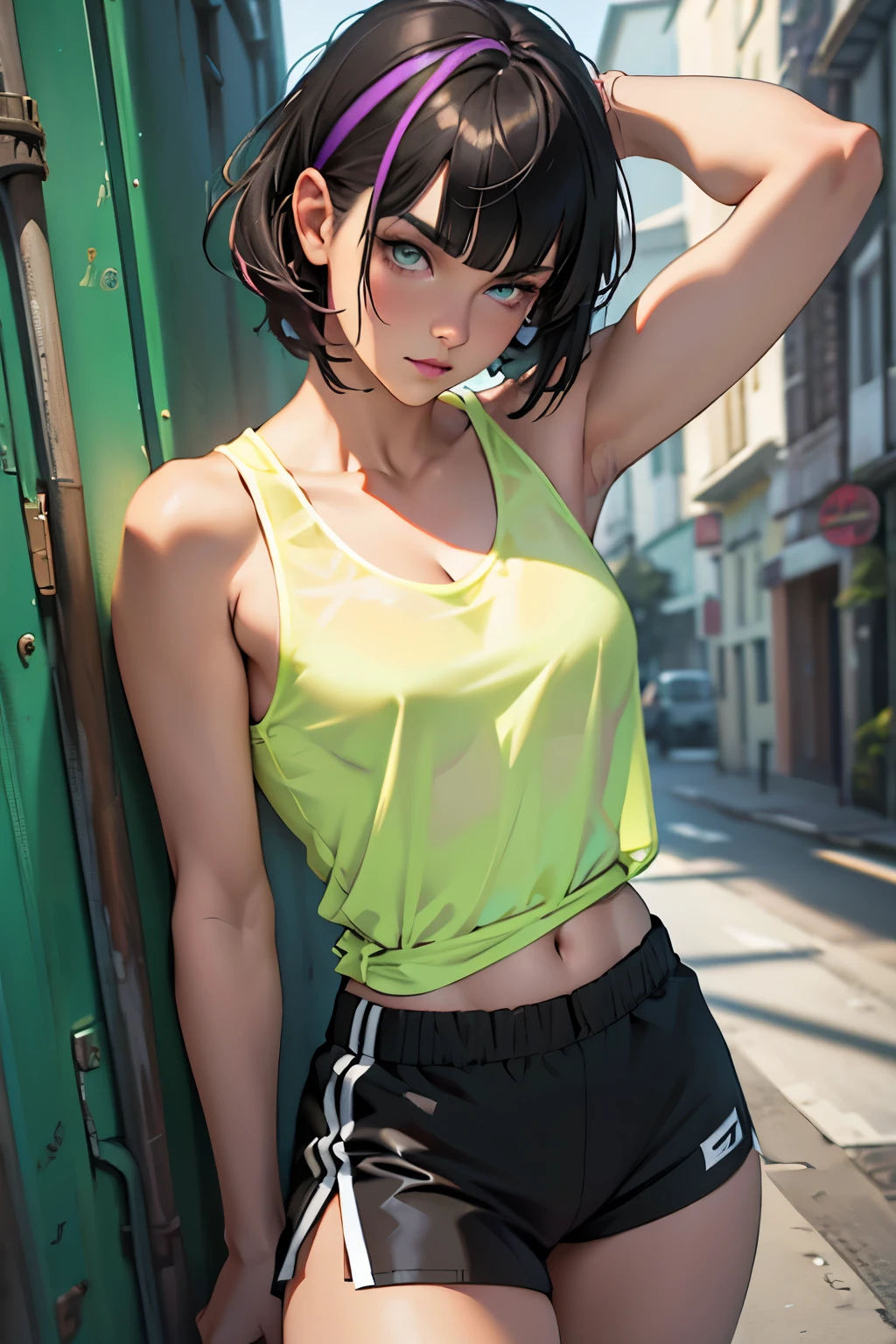 Paulina Andreeva in a barely transparent yellow tank top and short black shorts, with short gray hair with bangs covering her eyebrows and side bangs completed with red highlights, light green eyes and soft makeup in purple and black, in a sensual pose