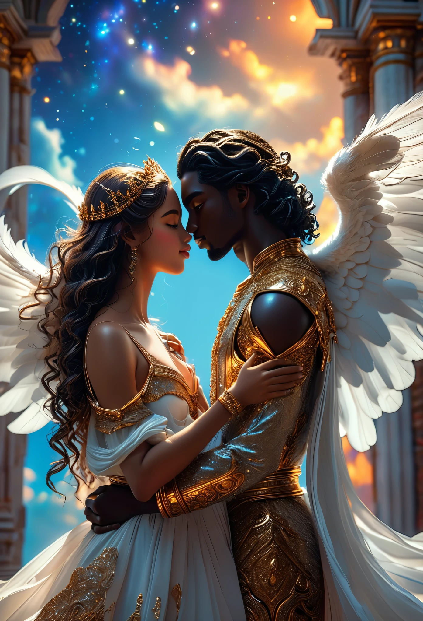Loving ((((darkskinned))) couple in a celestial landscape, young dark-skinned couple in their 20s, holding hands, in a heavenly palace, a man and a woman, he is the chief of the celestial angel army, dark-haired with curly brown hair, blue eyes and very handsome, she is an imperial princess, dark-haired with long curly hair, gray eyes and very beautiful, very fine faces, colorful eyes, very beautiful, perfect faces, romantic scene, Full body, 8K, extremely detailed, high quality, (photorealistic:1.37), Full body, ideal proportions and defined complexion, meticulously crafted features, unreachable beauty, perfection, breathtaking elegance, g curves, goddess-like figures, divine symmetry, artistic masterpieces, vivid realism, hyper-detailed sculptures, life-like forms, truly awe-inspiring, impeccable craftsmanship, pure radiance, ethereal beauty, delicate contours, striking poses, sublime beauty, subtle nuances, dynamic compositions, vibrant colors, perfect lighting, soulful expressions, celestial aura, majestic presence, dreamlike atmosphere, unmatched gdetailed octane render trending on artstation, 8 k artistic photography, photorealistic concept art, soft natural volumetric cinematic perfect light, chiaroscuro, award - winning photograph, masterpiece, perfect composition, beautiful detailed intricate insanely
