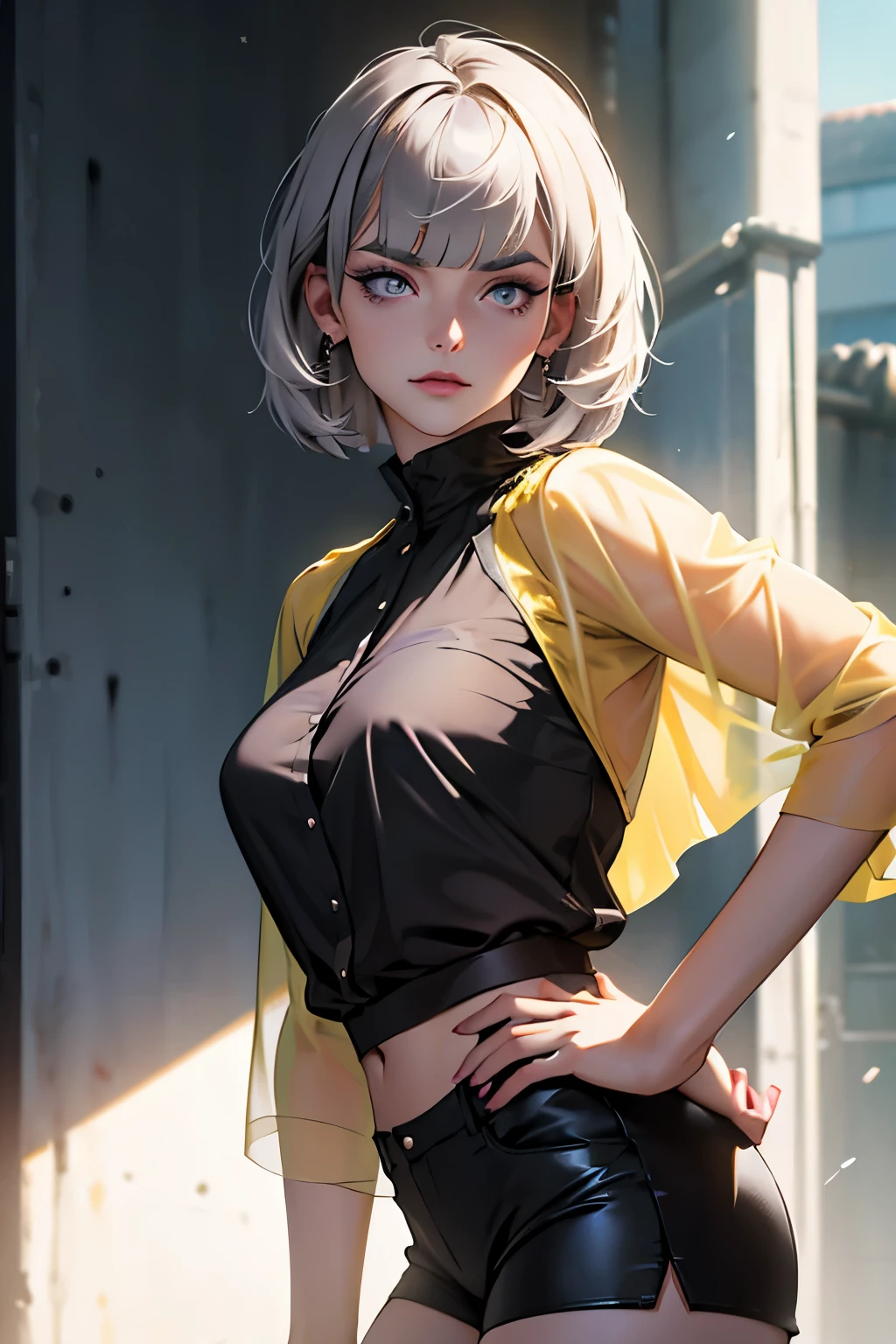 (best quality:1.5, highres, UHD, 4K, detailed lighting, shaders), gold floral haired, gradient hair, large breasts, suit, gray shirt, social shirt, short skirt, mature woman , (pov), white background, colorful eyeshadow, dramatic lighting, sparkling eyes, sensual expression, golden earrings, flowing hair, delicate facial features, dark skin, high cheekbones, urban setting, white background, dont look for the camera, lean forward, behind the camera