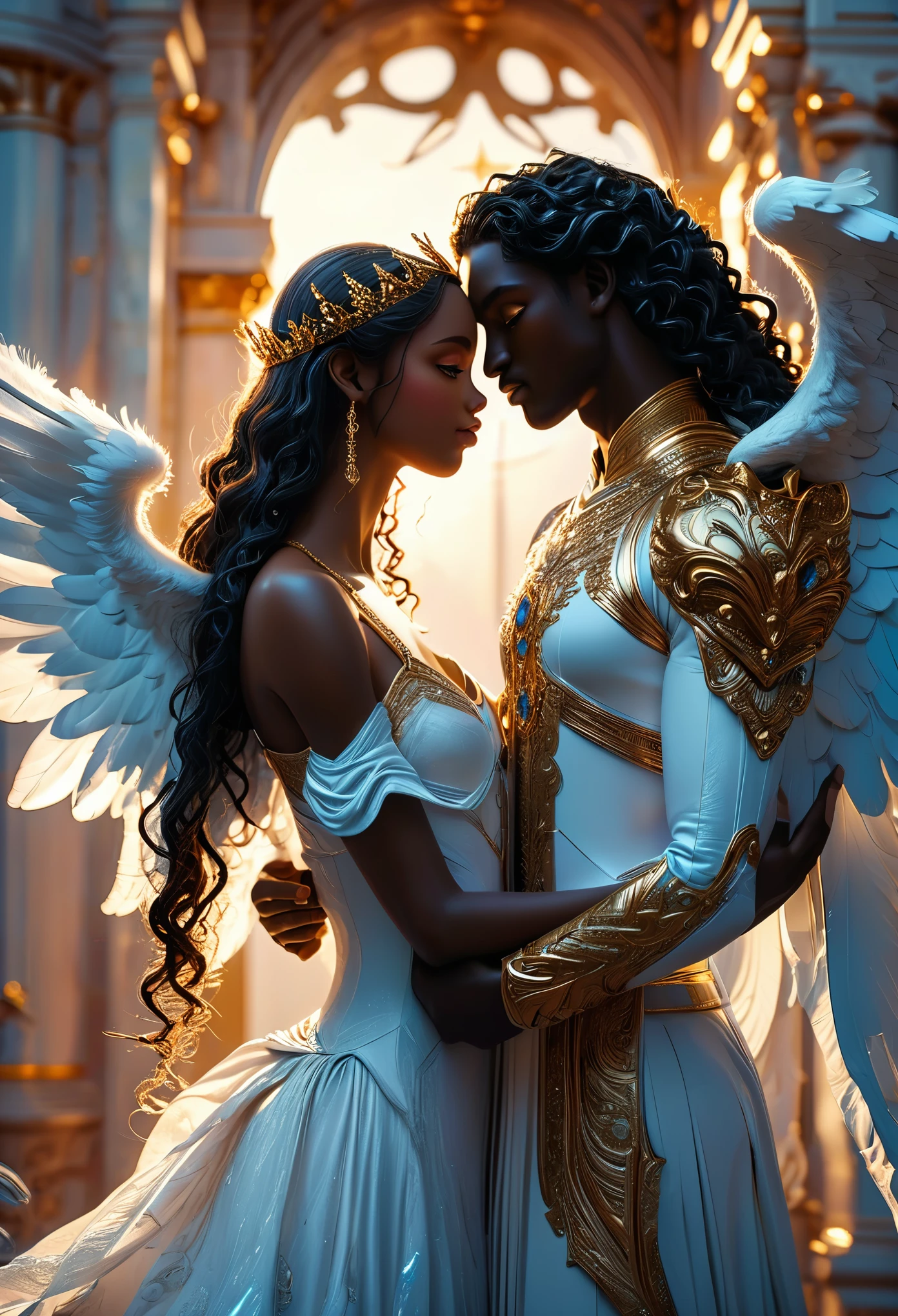 Loving ((((darkskinned))) couple in a celestial landscape, young dark-skinned couple in their 20s, holding hands, in a heavenly palace, a ((((darkskinned))) man and a ((((darkskinned))) woman, he is the chief of the celestial angel army, dark-haired with curly brown hair, blue eyes and very handsome, she is an imperial princess, dark-haired with long curly hair, gray eyes and very beautiful, very fine faces, colorful eyes, very beautiful, perfect faces, romantic scene, Full body, 8K, extremely detailed, high quality, (photorealistic:1.37), Full body, ideal proportions and defined complexion, meticulously crafted features, unreachable beauty, perfection, breathtaking elegance, g curves, goddess-like figures, divine symmetry, artistic masterpieces, vivid realism, hyper-detailed sculptures, life-like forms, truly awe-inspiring, impeccable craftsmanship, pure radiance, ethereal beauty, delicate contours, striking poses, sublime beauty, subtle nuances, dynamic compositions, vibrant colors, perfect lighting, soulful expressions, celestial aura, majestic presence, dreamlike atmosphere, unmatched gdetailed octane render trending on artstation, 8 k artistic photography, photorealistic concept art, soft natural volumetric cinematic perfect light, chiaroscuro, award - winning photograph, masterpiece, perfect composition, beautiful detailed intricate insanely
