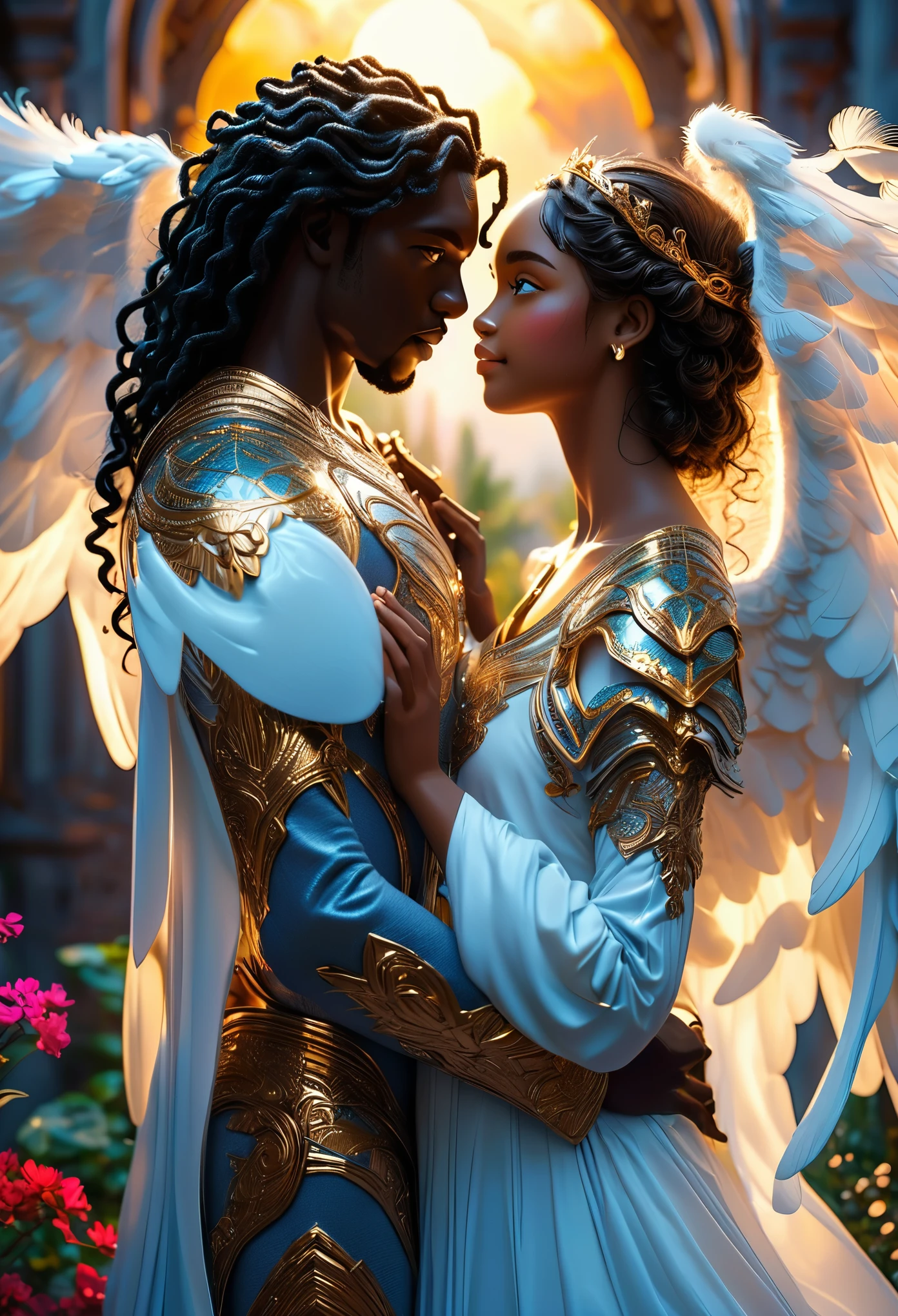 Loving ((((darkskinned))) couple in a celestial landscape, young dark-skinned couple in their 20s, holding hands, in a heavenly garden, a ((((darkskinned))) man and a ((((darkskinned))) woman, he is the chief of the celestial angel army, dark-haired with curly brown hair, blue eyes and very handsome, she is an imperial princess, dark-haired with long curly hair, gray eyes and very beautiful, very fine faces, colorful eyes, very beautiful, perfect faces, romantic scene,Full body, 8K, extremely detailed, high quality, (photorealistic:1.37), Full body, ideal proportions and defined complexion, meticulously crafted features, unreachable beauty, perfection, breathtaking elegance, g curves, goddess-like figures, divine symmetry, artistic masterpieces, vivid realism, hyper-detailed sculptures, life-like forms, truly awe-inspiring, impeccable craftsmanship, pure radiance, ethereal beauty, delicate contours, striking poses, sublime beauty, subtle nuances, dynamic compositions, vibrant colors, perfect lighting, soulful expressions, celestial aura, majestic presence, dreamlike atmosphere, unmatched gdetailed octane render trending on artstation, 8 k artistic photography, photorealistic concept art, soft natural volumetric cinematic perfect light, chiaroscuro, award - winning photograph, masterpiece, perfect composition, beautiful detailed intricate insanely