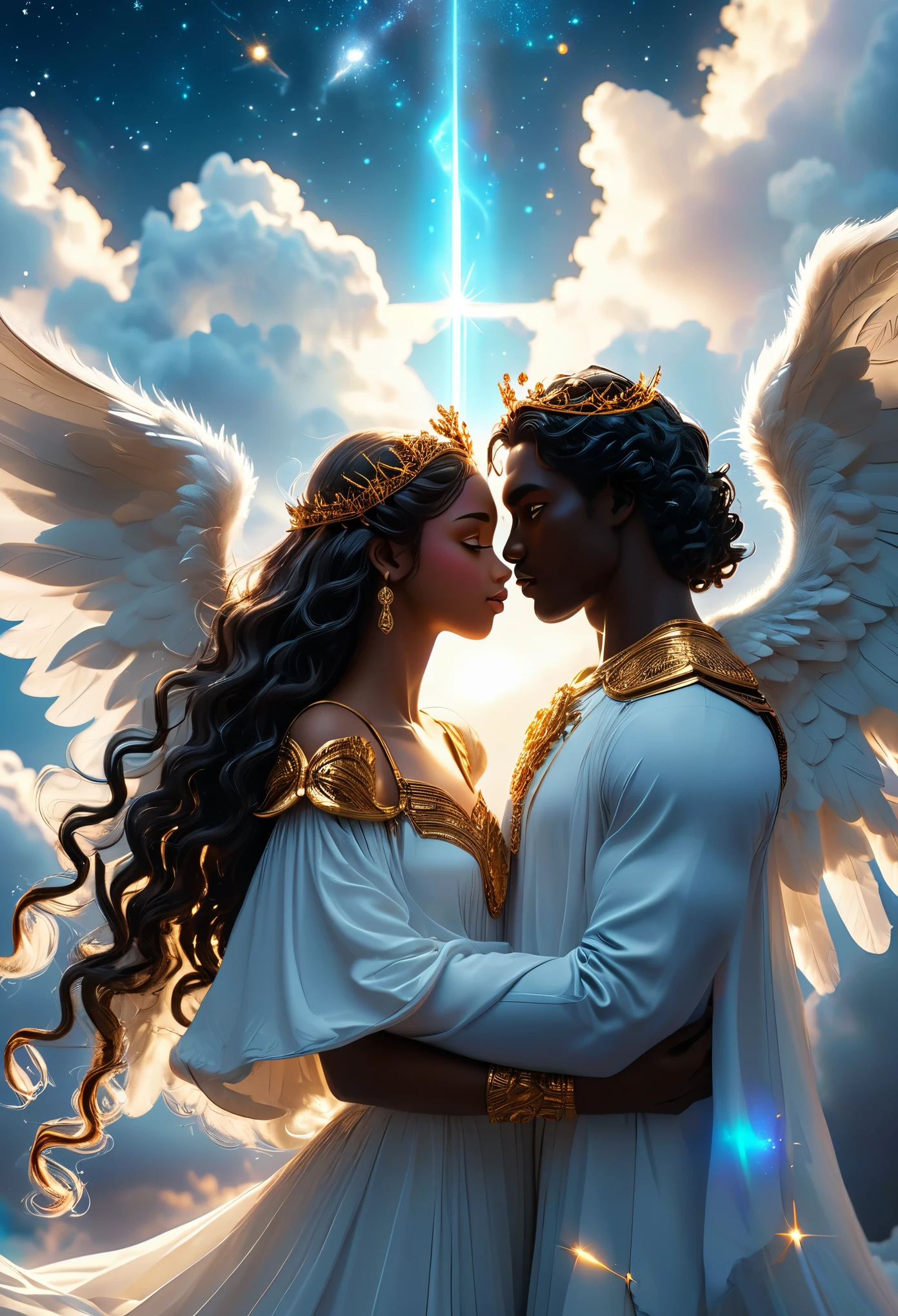 Loving ((((darkskinned))) couple in a celestial landscape, young dark-skinned couple in their 20s, holding hands, on a heavenly cloud, a ((((darkskinned))) man and a ((((darkskinned))) woman, he is the chief of the celestial angel army, dark-haired with curly brown hair, blue eyes and very handsome, she is an imperial princess, dark-haired with long curly hair, gray eyes and very beautiful, very fine faces, colorful eyes, very beautiful, perfect faces, romantic scene, Full body, 8K, extremely detailed, high quality, (photorealistic:1.37), Full body, ideal proportions and defined complexion, meticulously crafted features, unreachable beauty, perfection, breathtaking elegance, g curves, goddess-like figures, divine symmetry, artistic masterpieces, vivid realism, hyper-detailed sculptures, life-like forms, truly awe-inspiring, impeccable craftsmanship, pure radiance, ethereal beauty, delicate contours, striking poses, sublime beauty, subtle nuances, dynamic compositions, vibrant colors, perfect lighting, soulful expressions, celestial aura, majestic presence, dreamlike atmosphere, unmatched gdetailed octane render trending on artstation, 8 k artistic photography, photorealistic concept art, soft natural volumetric cinematic perfect light, chiaroscuro, award - winning photograph, masterpiece, perfect composition, beautiful detailed intricate insanely