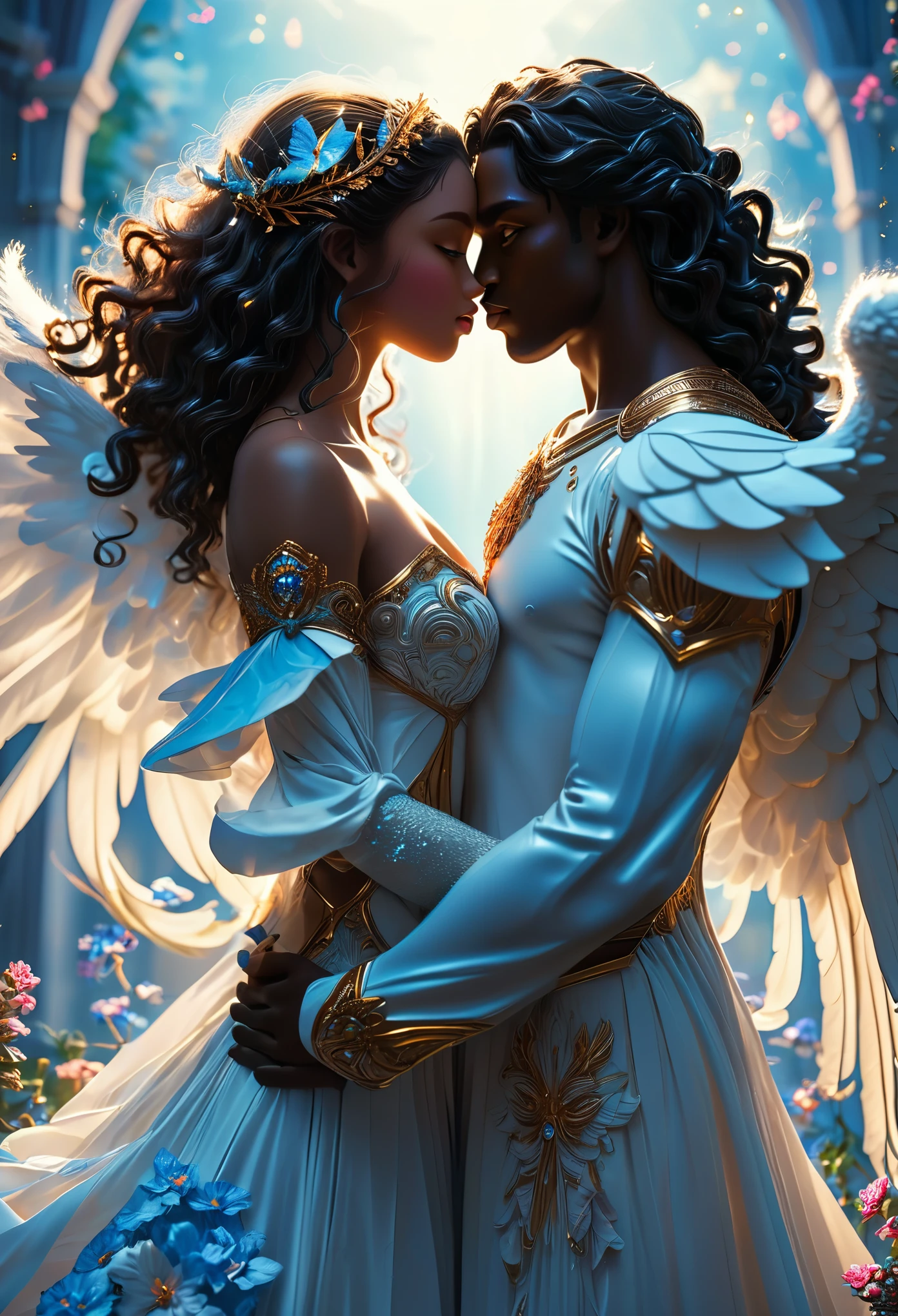 Passionate ((((darkskinned))) couple in a celestial landscape, young dark-skinned couple in their 20s, in a heavenly garden, holding hands, a ((((darkskinned))) man and a ((((darkskinned))) woman, he is the chief of the celestial angel army, dark-haired with curly brown hair, blue eyes and very handsome, she is an imperial princess, dark-haired with long curly hair, gray eyes and very beautiful, very fine faces, colorful eyes, very beautiful, perfect faces, passionate scene, Full body, 8K, extremely detailed, high quality, (photorealistic:1.37), Full body, ideal proportions and defined complexion, meticulously crafted features, unreachable beauty, perfection, breathtaking elegance, g curves, goddess-like figures, divine symmetry, artistic masterpieces, vivid realism, hyper-detailed sculptures, life-like forms, truly awe-inspiring, impeccable craftsmanship, pure radiance, ethereal beauty, delicate contours, striking poses, sublime beauty, subtle nuances, dynamic compositions, vibrant colors, perfect lighting, soulful expressions, celestial aura, majestic presence, dreamlike atmosphere, unmatched gdetailed octane render trending on artstation, 8 k artistic photography, photorealistic concept art, soft natural volumetric cinematic perfect light, chiaroscuro, award - winning photograph, masterpiece, perfect composition, beautiful detailed intricate insanely