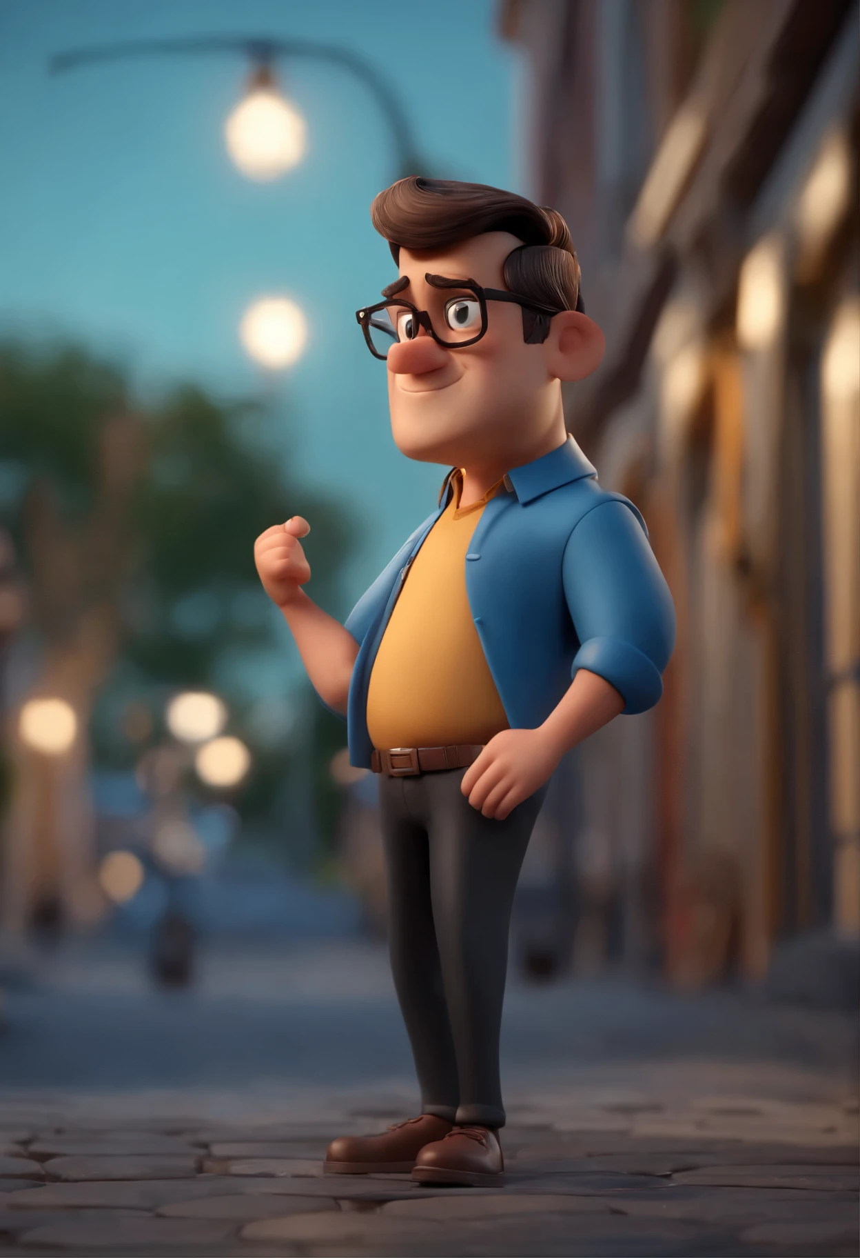 Cartoon character of a man in black glasses and blue shirt, animation character, Caractere estilizado, animation style rendering, 3D estilizado, Arnold Maya rendering, Stylized 3D rendering, toon render screenshot, Personagem 3D, Personagem 3D, Stylized 3D rendering, 3D character rendering, personagem de desenho animado, Character on a sidewalk looking at a pharmacy scratching his head , Pose de personagem, (Estilo Pixar) (Parte Mestre:1.2) (bokeh) (melhor qualidade) (pele detalhada) (textura detalhada) (8K) (argila) (Cinematic lighting) (sharp focus