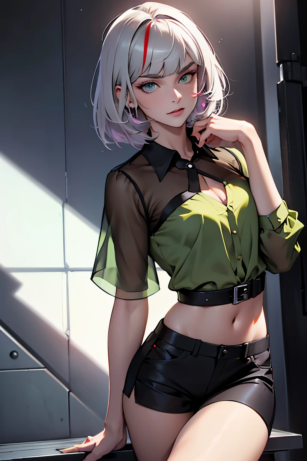(Unity 16K Wallpaper, Masterpiece, Best Quality, Ultra-Detailed, Extremely Detailed CG, Beautiful Detailed Eyes, solo, curby), Ultra High Resolution, fine skin、sexy, Sweat, short shorts, plain tops, smile, thigh fetish, 16 years old