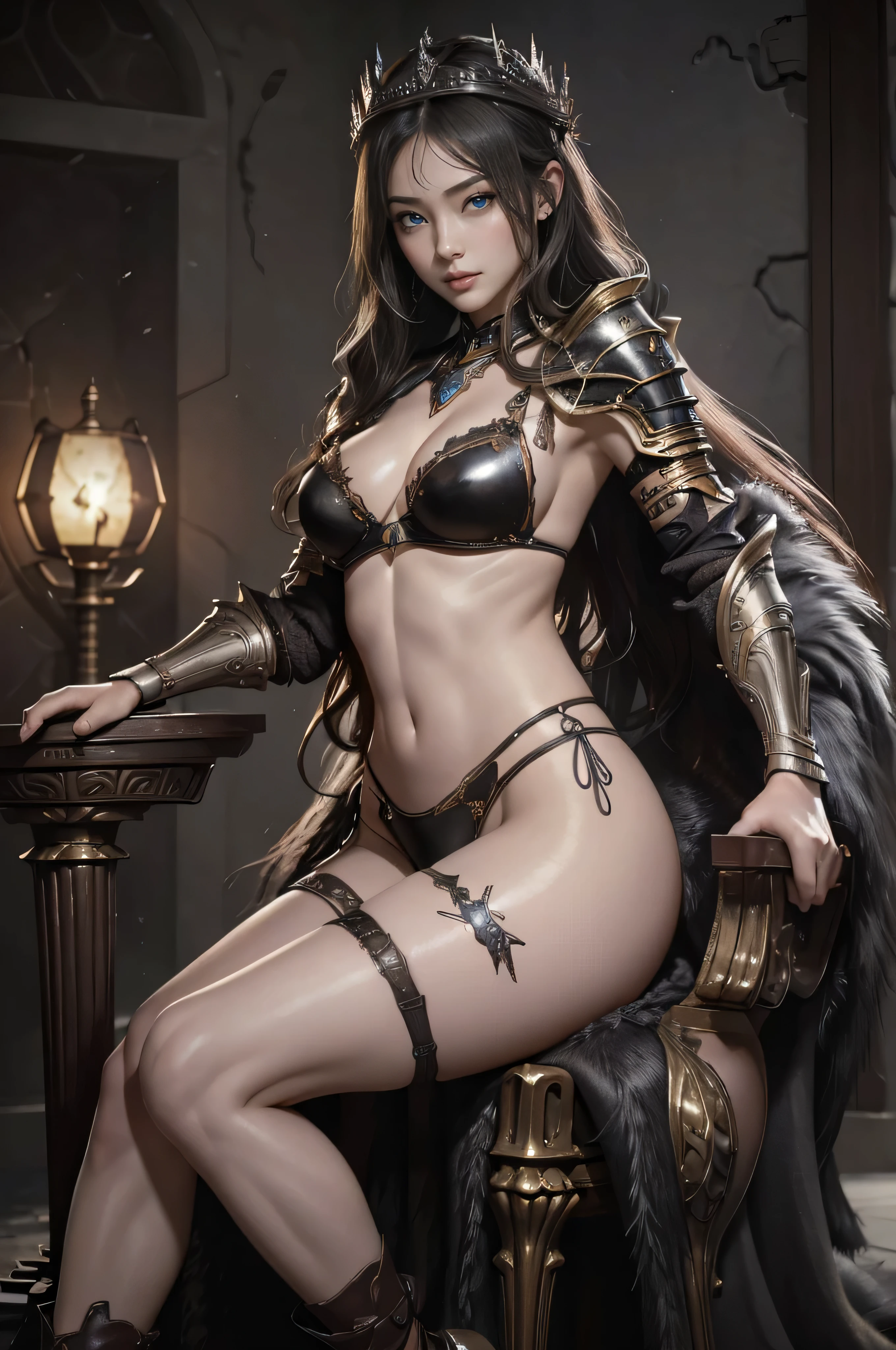 (( masterpiece : 1.2 )), ((8k res )), ((ultra-detailed , ultra realistic : 1.2)) ,clean images ,(( Portrait of a female queen half body wearing sexy dark armor ,sit on the throne , photo realistic , background : battleground, ruined city, blazing fire )) , colossal boobies , nice butt , nice thigh ,(( sexy bikini armor )) sexy knight , sexy succubus ,sexy wizard , ((pretty asian face)) , pretty eyes , ( sexy pose ) , seduced face , camera from below , seduced pose .
