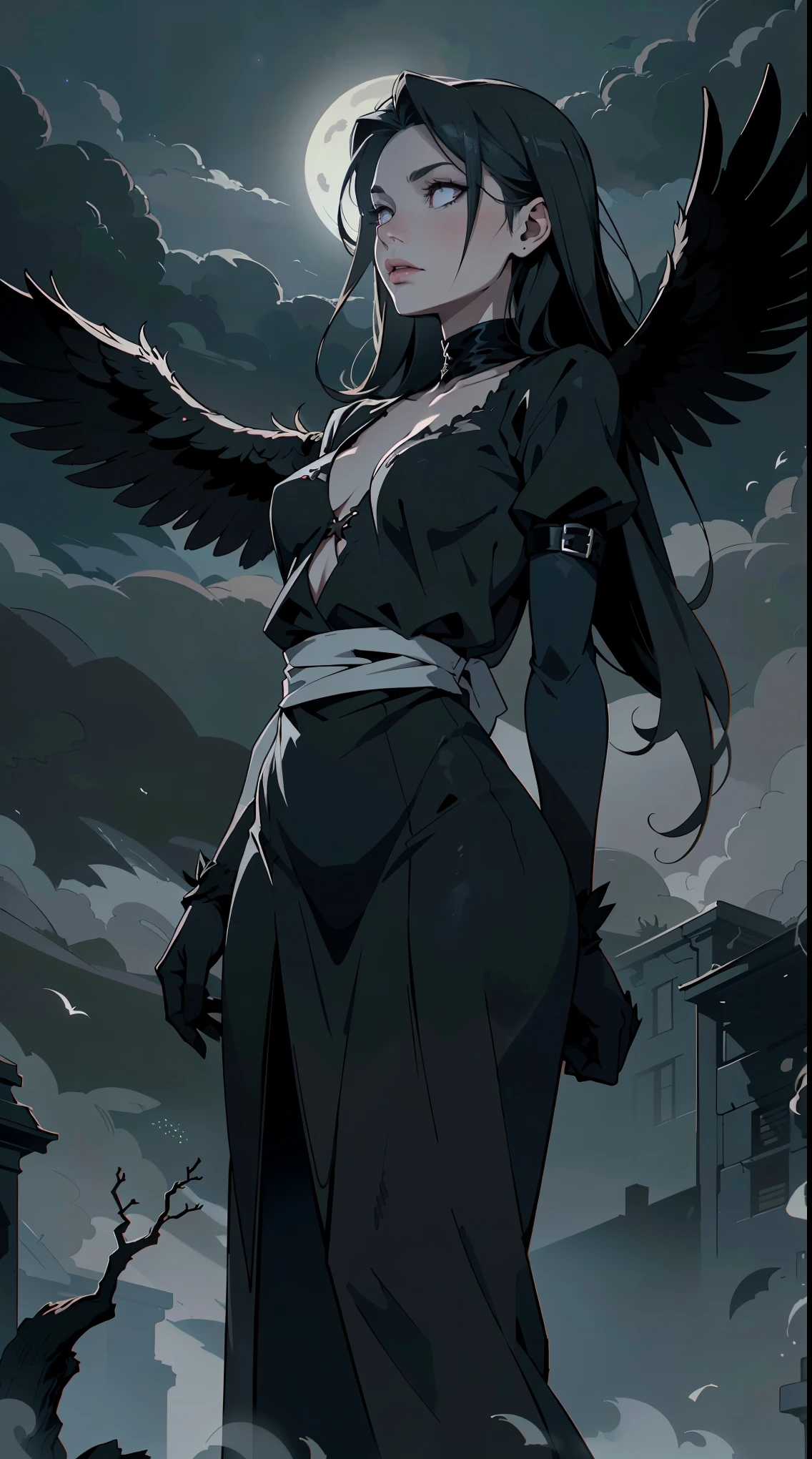 (best quality,4k,8k,highres,masterpiece:1.2),ultra-detailed,(realistic,photorealistic,photo-realistic:1.37),demon raven,gothic,dark,ominous presence,feathers flowing in the wind,blood-red eyes,sharp claws,glistening black feathers,ancient symbols,haunting atmosphere,misty moonlit night,ruined gothic architecture,mysterious shadows,tangled barren trees,ominous moon,menacing aura,whispering darkness,moonlight piercing through the clouds,cryptic symbols,subtle glow,ethereal beauty,the silence of the night,ominous moonlight,echoes of the past,hauntingly beautiful,forbidding secrets,menacing silhouette,sinister energy,ominous whispers,dark realm,void of light,majestic yet menacing presence,ominous presence,dark magic,hauntingly elegant,black feathers shimmering in the moonlight,ancient prophecy enfolding,ominous wings embracing the darkness,enchanted night.