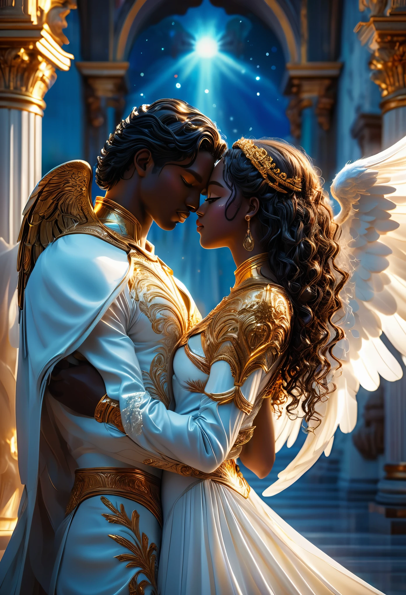 Passionate ((((darkskinned))) couple in a celestial landscape, young dark-skinned couple in their 20s, holding hands, on a heavenly cloud, a ((((darkskinned))) man and a ((((darkskinned))) woman, he is the chief of the celestial angel army, dark-haired with curly brown hair, blue eyes and very handsome, she is an imperial princess, dark-haired with long curly hair, gray eyes and very beautiful, very fine faces, colorful eyes, very beautiful, perfect faces, passionate scene, Full body, 8K, extremely detailed, high quality, (photorealistic:1.37), Full body, ideal proportions and defined complexion, meticulously crafted features, unreachable beauty, perfection, breathtaking elegance, g curves, goddess-like figures, divine symmetry, artistic masterpieces, vivid realism, hyper-detailed sculptures, life-like forms, truly awe-inspiring, impeccable craftsmanship, pure radiance, ethereal beauty, delicate contours, striking poses, sublime beauty, subtle nuances, dynamic compositions, vibrant colors, perfect lighting, soulful expressions, celestial aura, majestic presence, dreamlike atmosphere, unmatched gdetailed octane render trending on artstation, 8 k artistic photography, photorealistic concept art, soft natural volumetric cinematic perfect light, chiaroscuro, award - winning photograph, masterpiece, perfect composition, beautiful detailed intricate insanely