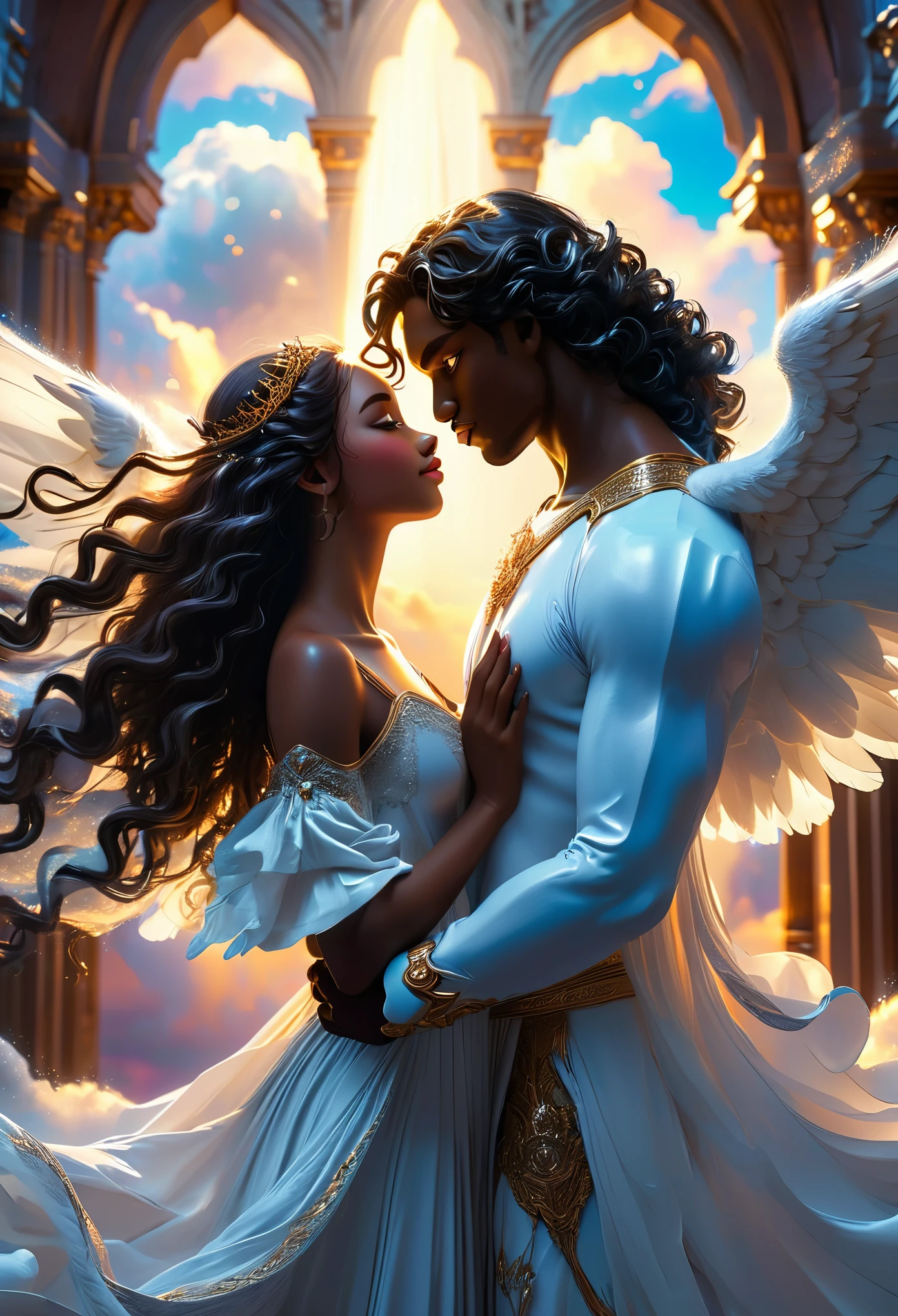 Passionate ((((darkskinned))) couple in a celestial landscape, young dark-skinned couple in their 20s, holding hands, on a heavenly cloud, a ((((darkskinned))) man and a ((((darkskinned))) woman, he is the chief of the celestial angel army, dark-haired with curly brown hair, blue eyes and very handsome, she is an imperial princess, dark-haired with long curly hair, gray eyes and very beautiful, very fine faces, colorful eyes, very beautiful, perfect faces, passionate scene, Full body, 8K, extremely detailed, high quality, (photorealistic:1.37), Full body, ideal proportions and defined complexion, meticulously crafted features, unreachable beauty, perfection, breathtaking elegance, g curves, goddess-like figures, divine symmetry, artistic masterpieces, vivid realism, hyper-detailed sculptures, life-like forms, truly awe-inspiring, impeccable craftsmanship, pure radiance, ethereal beauty, delicate contours, striking poses, sublime beauty, subtle nuances, dynamic compositions, vibrant colors, perfect lighting, soulful expressions, celestial aura, majestic presence, dreamlike atmosphere, unmatched gdetailed octane render trending on artstation, 8 k artistic photography, photorealistic concept art, soft natural volumetric cinematic perfect light, chiaroscuro, award - winning photograph, masterpiece, perfect composition, beautiful detailed intricate insanely