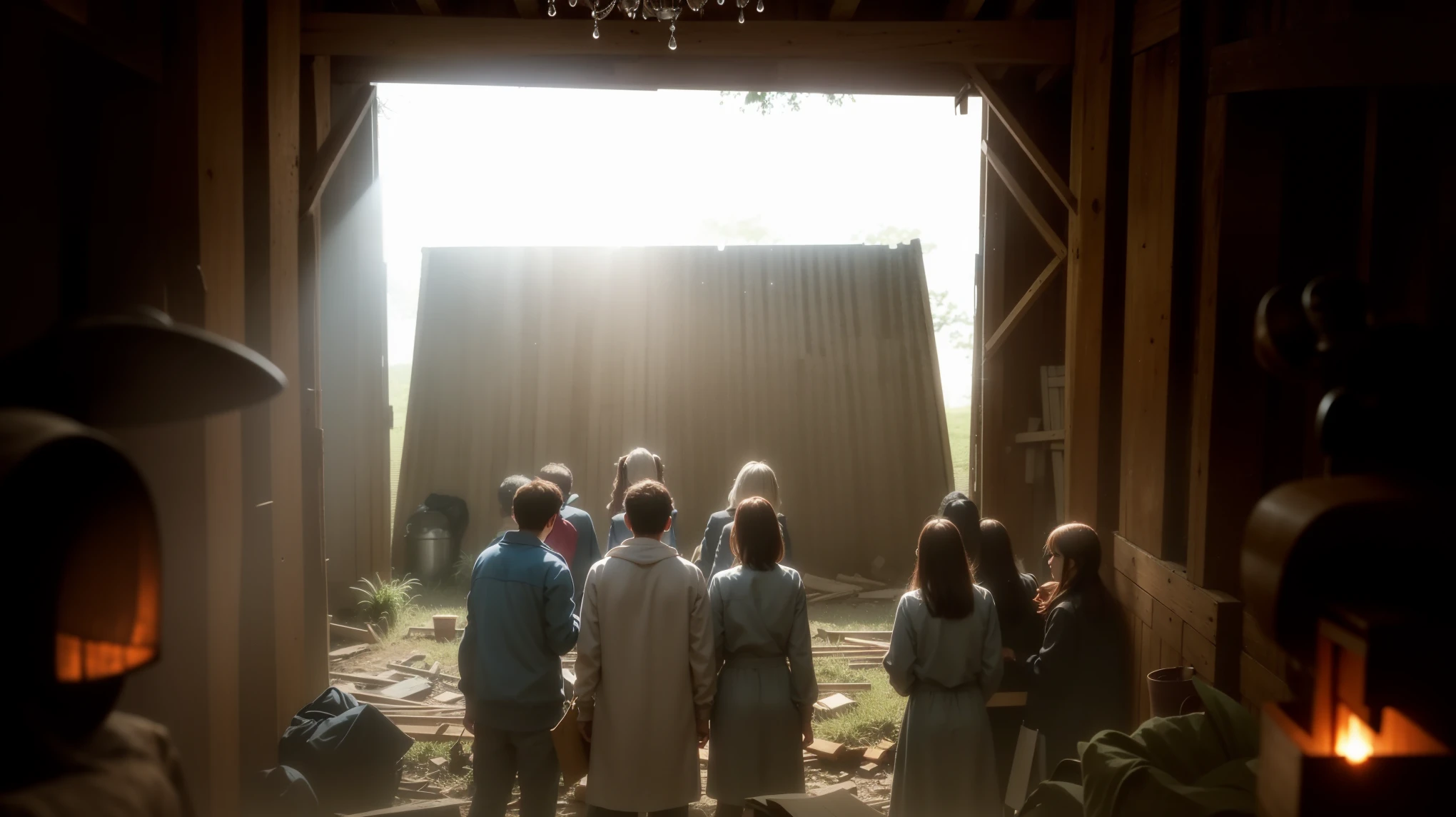 people standing in a barn with a light coming through the window, photo still of behind view, inside a barn, set photo, opening scene, scene!!, wide film still, shot from danis villeneuve movie, moviestill, light coming through, shafts of sunlight in the centre, inside a farm barn, in an abandoned barn, promotional still wide angle