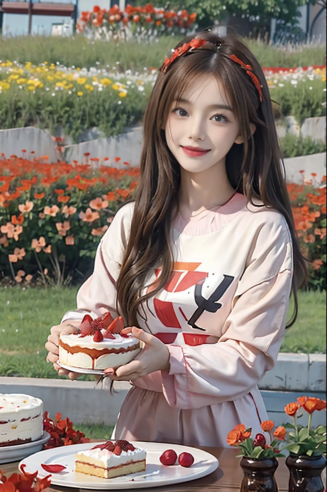 Standing in a vast meadow filled with red flowers、stands in a flowering field、Create an image of a happy 28 year old brunette woman with messy hair。. She smiled、presents a birthday cake to the viewer on the table。, With a bright orange color scheme. I&#39;ll work on it for you!