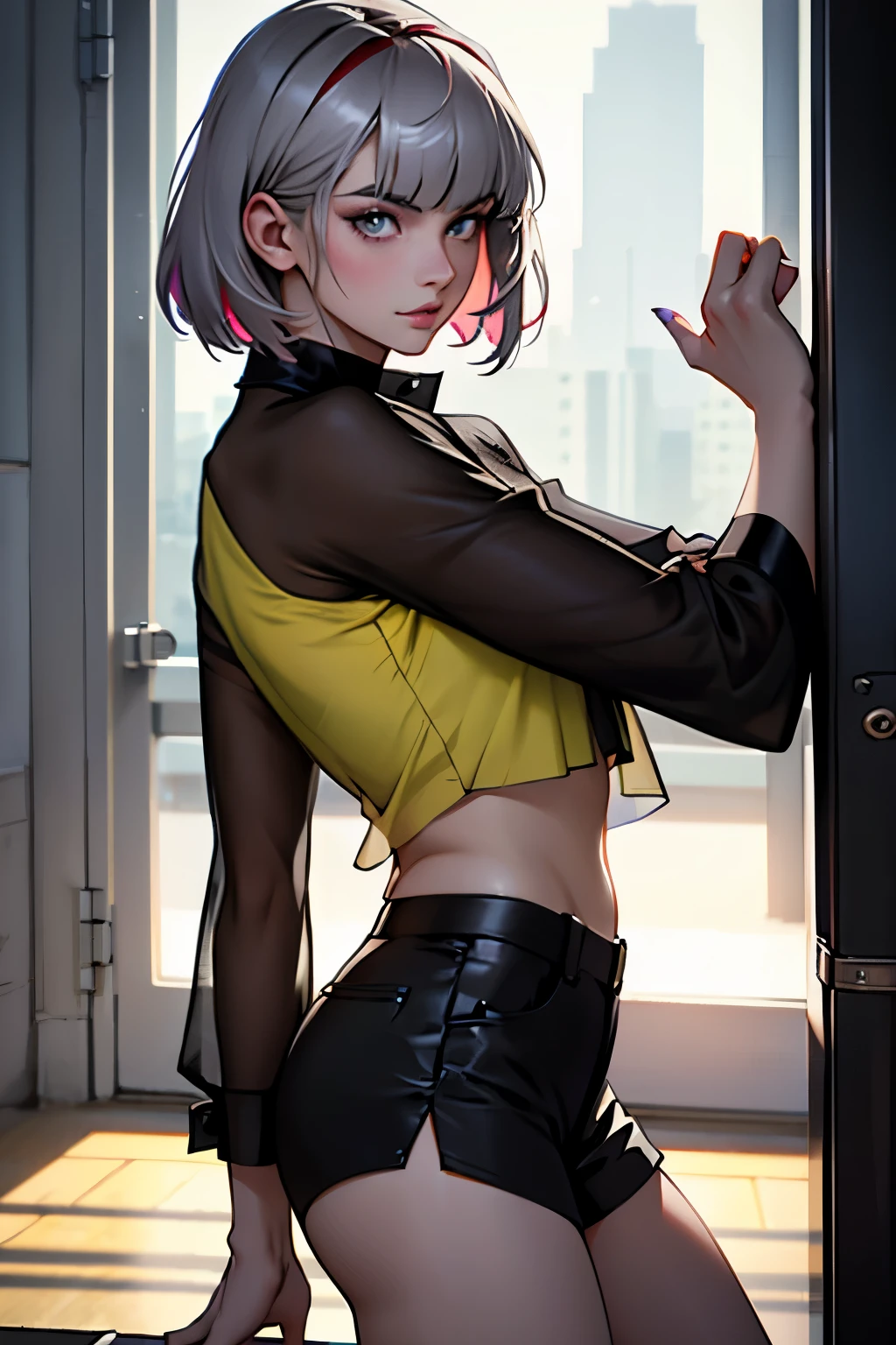 Paulina Andreeva with short gray hair with bangs covering her eyebrows and side bangs completed with red highlights, light green eyes and soft makeup in purple and black, with a slightly transparent yellow blouse and short black shorts, in a sensual pose