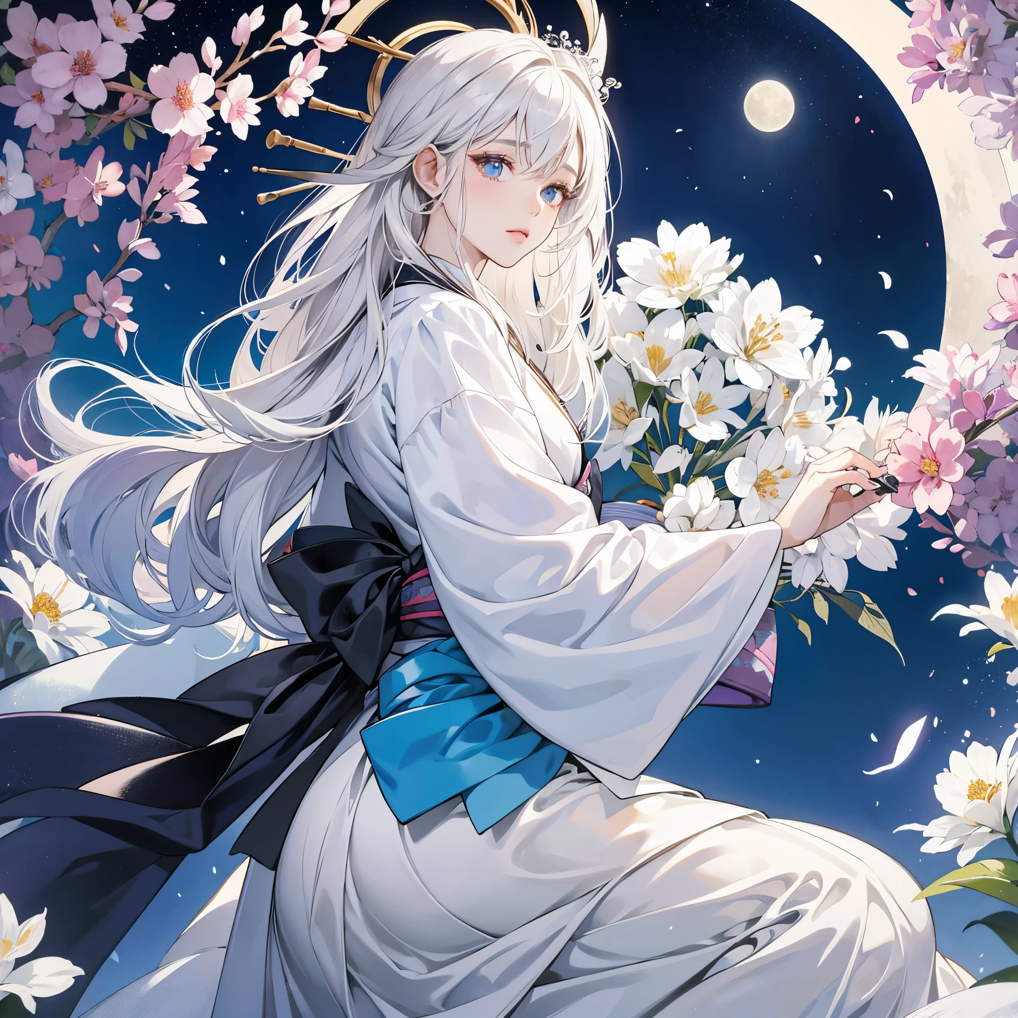 Mujer voluptuosa, cabello crema plateado,kimono blanco con flores de cerezo, ojos azules, piel blanca, lunar en la mejilla, alta