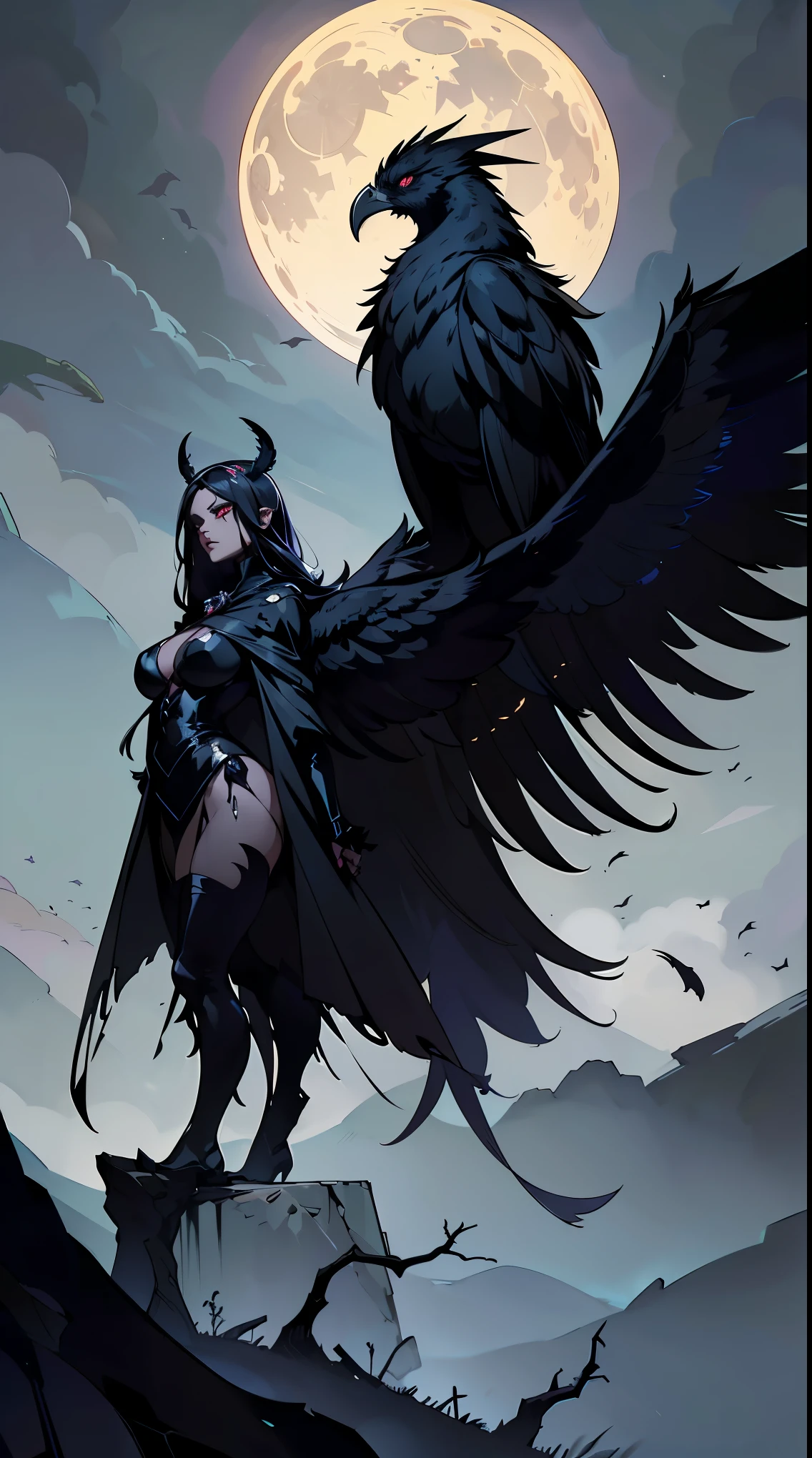 (best quality,4k,8k,highres,masterpiece:1.2),ultra-detailed,(realistic,photorealistic,photo-realistic:1.37),demon raven,gothic,dark,ominous presence,feathers flowing in the wind,blood-red eyes,sharp claws,glistening black feathers,ancient symbols,haunting atmosphere,misty moonlit night,ruined gothic architecture,mysterious shadows,tangled barren trees,ominous moon,menacing aura,whispering darkness,moonlight piercing through the clouds,cryptic symbols,subtle glow,ethereal beauty,the silence of the night,ominous moonlight,echoes of the past,hauntingly beautiful,forbidding secrets,menacing silhouette,sinister energy,ominous whispers,dark realm,void of light,majestic yet menacing presence,ominous presence,dark magic,hauntingly elegant,black feathers shimmering in the moonlight,ancient prophecy enfolding,ominous wings embracing the darkness,enchanted night.