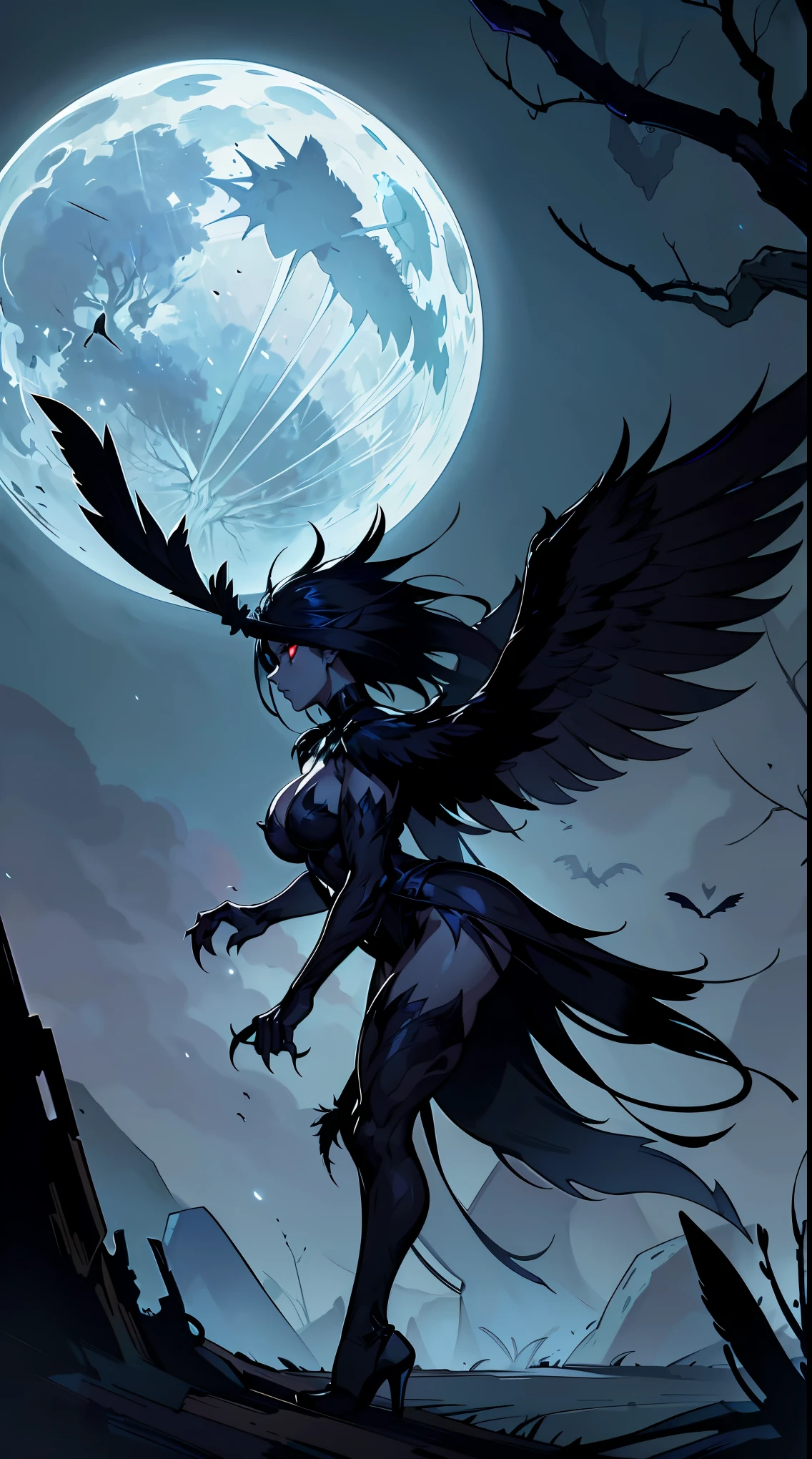 (best quality,4k,8k,highres,masterpiece:1.2),ultra-detailed,(realistic,photorealistic,photo-realistic:1.37),demon raven,gothic,dark,ominous presence,feathers flowing in the wind,blood-red eyes,sharp claws,glistening black feathers,ancient symbols,haunting atmosphere,misty moonlit night,ruined gothic architecture,mysterious shadows,tangled barren trees,ominous moon,menacing aura,whispering darkness,moonlight piercing through the clouds,cryptic symbols,subtle glow,ethereal beauty,the silence of the night,ominous moonlight,echoes of the past,hauntingly beautiful,forbidding secrets,menacing silhouette,sinister energy,ominous whispers,dark realm,void of light,majestic yet menacing presence,ominous presence,dark magic,hauntingly elegant,black feathers shimmering in the moonlight,ancient prophecy enfolding,ominous wings embracing the darkness,enchanted night.