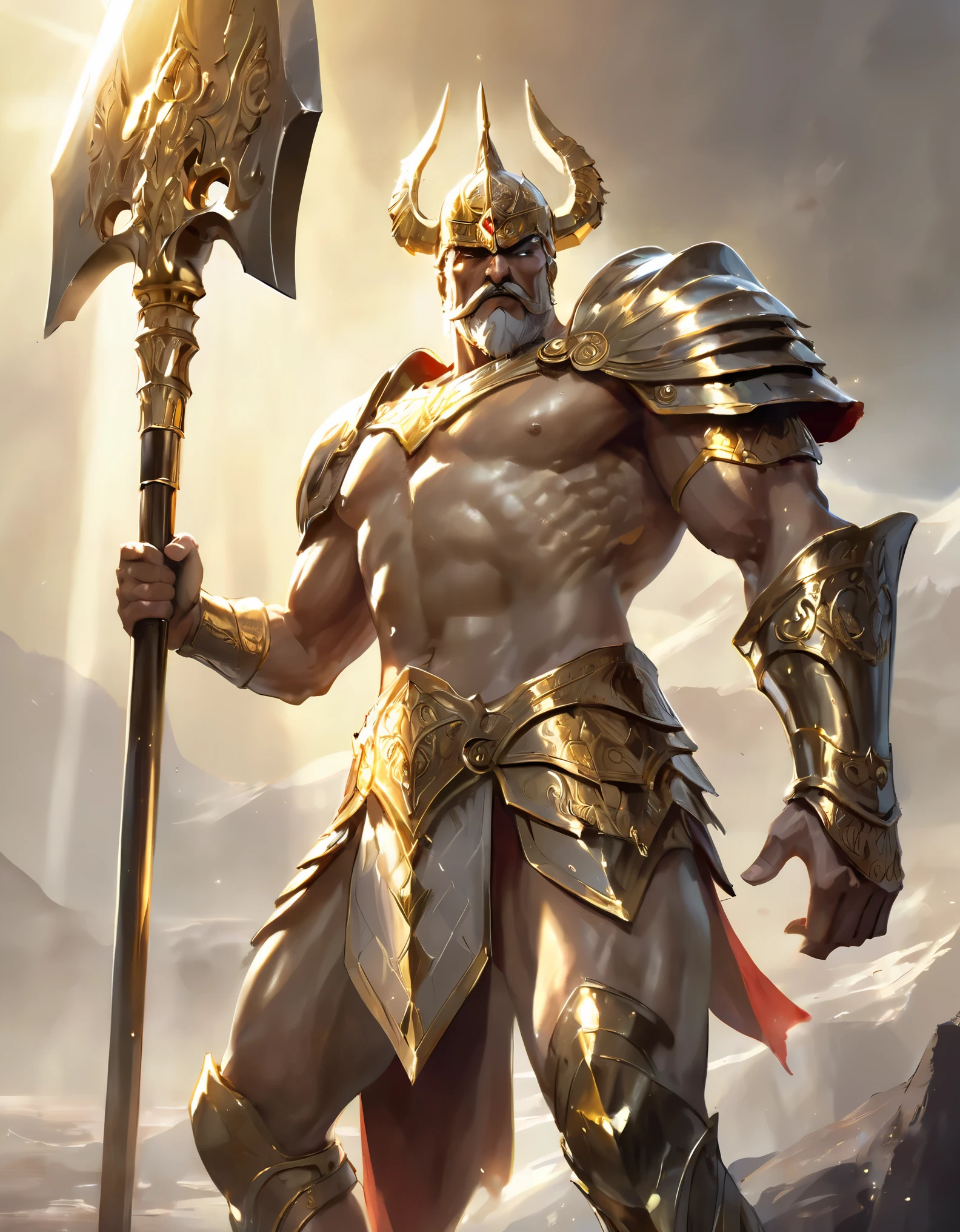 (best quality,highres,ultra-detailed,realistic),shiny,golden armor,impressive,strong,fierce expression,sharp eyes,defined muscles,big,bold,short hair,big mustache,powerful,tall,majestic,historical,heroic,mythological,dominant figure,regal presence,confident stance,holding a massive golden ax,gleaming,ornate details,glowing with light,striking contrast,rich textures,commanding presence,idealized image,perfect physique,enhanced proportions,imposing stature,emphasis on power and strength,ancient warrior,legendary hero,proud and noble,unyielding,unstoppable force of nature,epic battle scene,surrounded by golden light,divine aura,overlooking a dramatic landscape,golden rays of sunlight,subtle shadows,hero conquering the world,inspiring awe and admiration,classic masterpiece in the making.