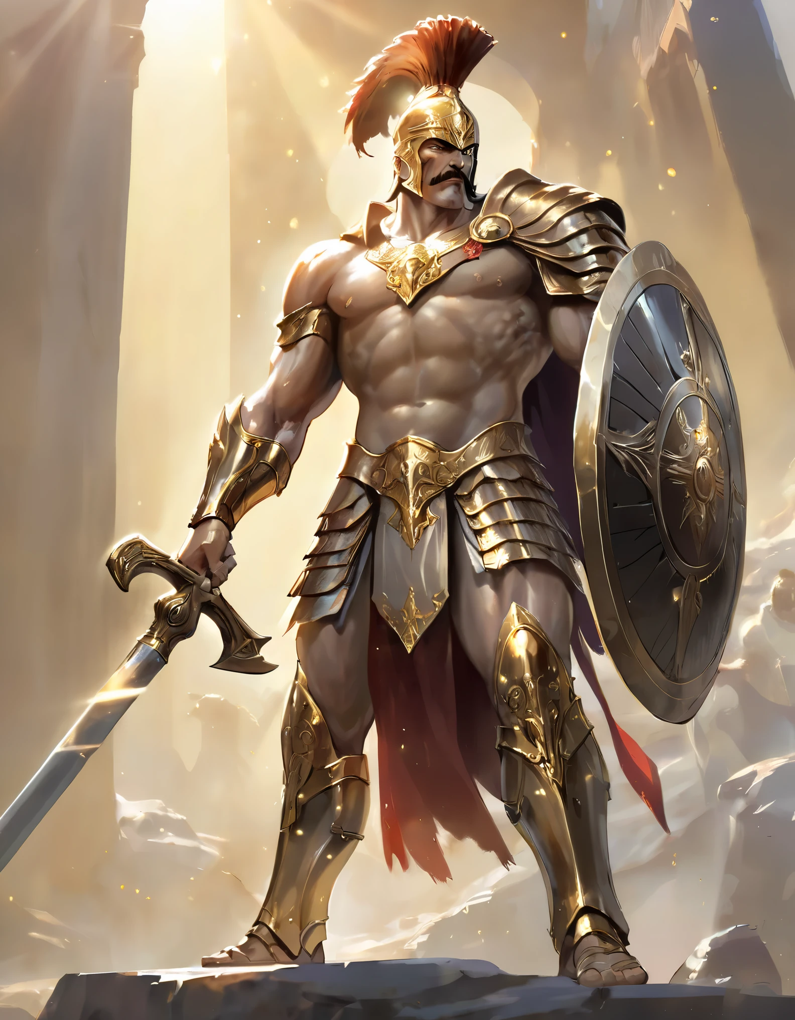 (best quality,highres,ultra-detailed,realistic),shiny,golden armor,impressive,strong,fierce expression,sharp eyes,defined muscles,big,bold,short hair,big mustache,powerful,tall,majestic,historical,heroic,mythological,dominant figure,regal presence,confident stance,holding a massive golden ax,gleaming,ornate details,glowing with light,striking contrast,rich textures,commanding presence,idealized image,perfect physique,enhanced proportions,imposing stature,emphasis on power and strength,ancient warrior,legendary hero,proud and noble,unyielding,unstoppable force of nature,epic battle scene,surrounded by golden light,divine aura,overlooking a dramatic landscape,golden rays of sunlight,subtle shadows,hero conquering the world,inspiring awe and admiration,classic masterpiece in the making.