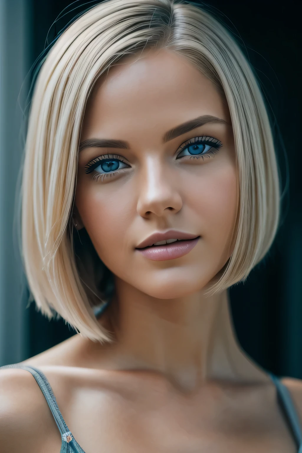 Realistic photo of a beautiful 3m1lyvc woman,1girl, solo, blond hair, bob haircut, looking at viewer, parted lips, teeth, artist name, lips, grey-blue eyes, realistic, highly detailedsoft lighting, professional Photography, Photorealistic, detailed, RAW, analog, sharp focus, 8k, HD, DSLR, high quality, Fujifilm XT3, film grain, award winning, masterpiece