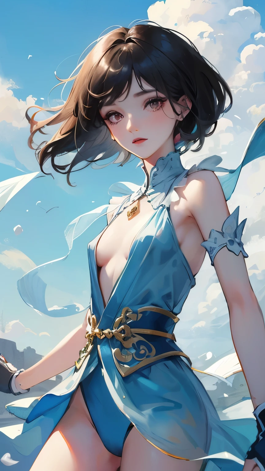 young girl black hair short hair red eyes irreverent face look down thin body thin thighs small breasts small ass toned body blue sky cloud hair blowing in the wind high quality High resolution 8K vampire watercolor natural feel bridge of nose martial arts ((最high quality)), ((masterpiece)), (become familiar with), dignified face See-through grassland close up of face Beautiful as a goddess whole face Nipples are visible lipstick eye shadow Completely naked ID photo style