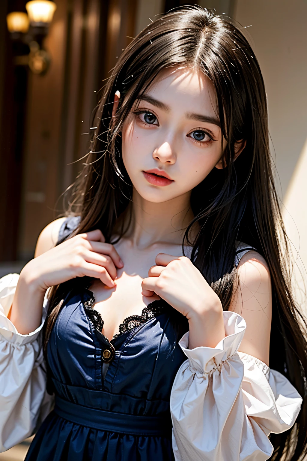 Beautiful woman wearing a blue sky Wearing clothes mini dress with decorations on the shirt and visible shoulders and wearing boots and being photographed with a background And he was in a hospital that was about to collapse ,Korean style swag, beautiful face so gorgeous, Beautiful eyes, y2k style,