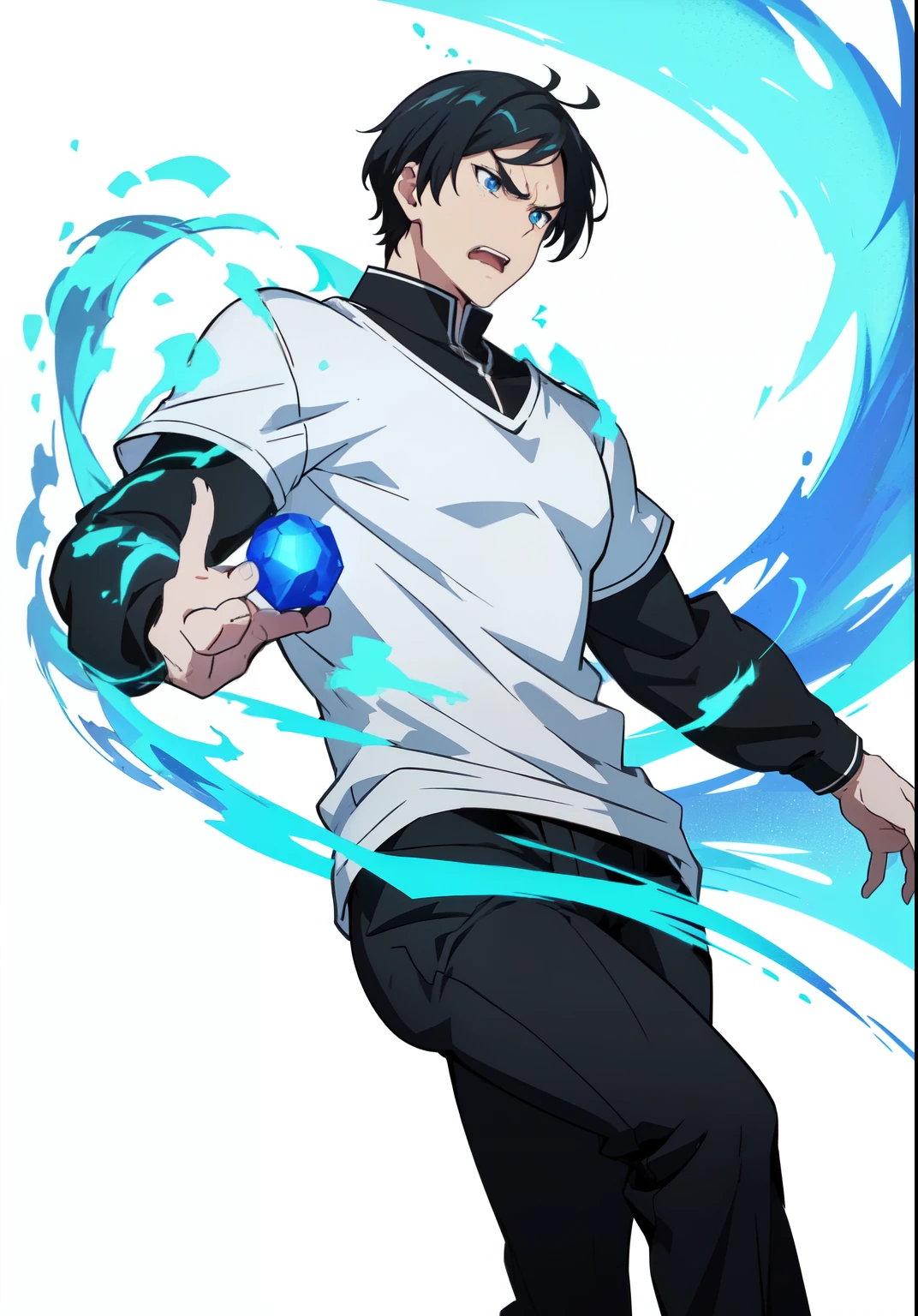 ((1 guy)),(pale blue eyeasterpiece:1.2), Best quality, A high resolution, unity 8k wallpaper, (Illustration:1.2), very detailed face , (perfect hands, Ideal Anatomy), (персонаж full length), ((Character on a white background:1.3)), boy, (((black shirt:1.2))), ((black pants:1.2)), Black hair, ((long bangs:1.2)), (thick bangs), (very thick eyebrows), ((full length)), ((character side view)), ((angry)), holding a blue fireball in his right hand, right hand turned palm down.