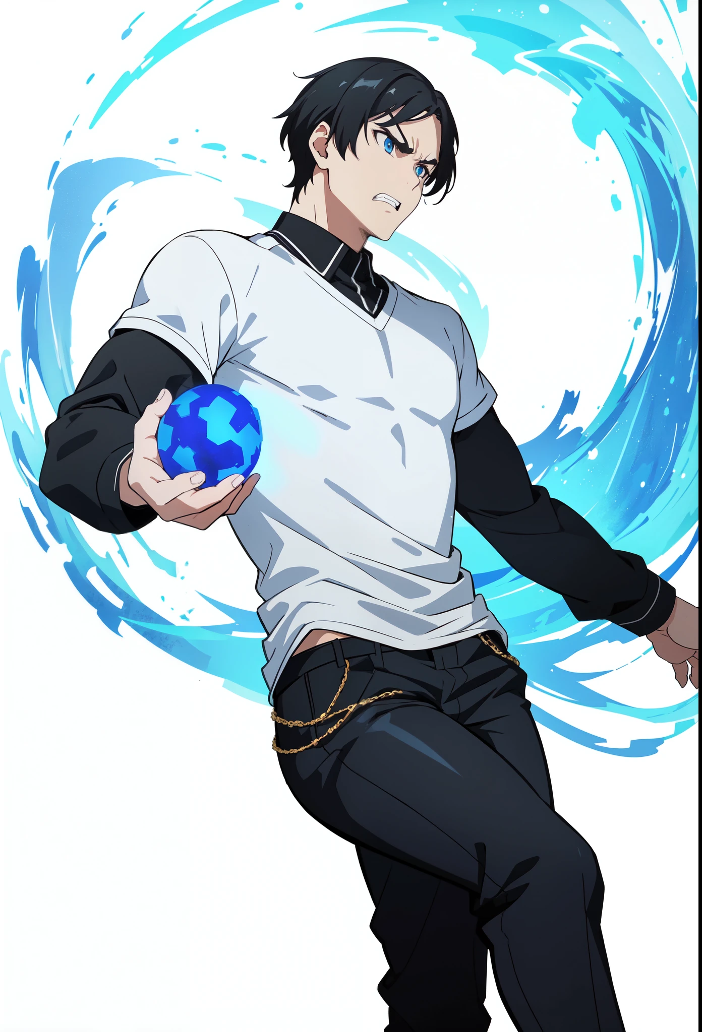 ((1 guy)),(pale blue eyeasterpiece:1.2), Best quality, A high resolution, unity 8k wallpaper, (Illustration:1.2), very detailed face , (perfect hands, Ideal Anatomy), (персонаж full length), ((Character on a white background:1.3)), boy, (((black shirt:1.2))), ((black pants:1.2)), Black hair, ((long bangs:1.2)), (thick bangs), (very thick eyebrows), ((full length)), ((character side view)), ((angry)), holding a blue fireball in his right hand, right hand turned palm down.