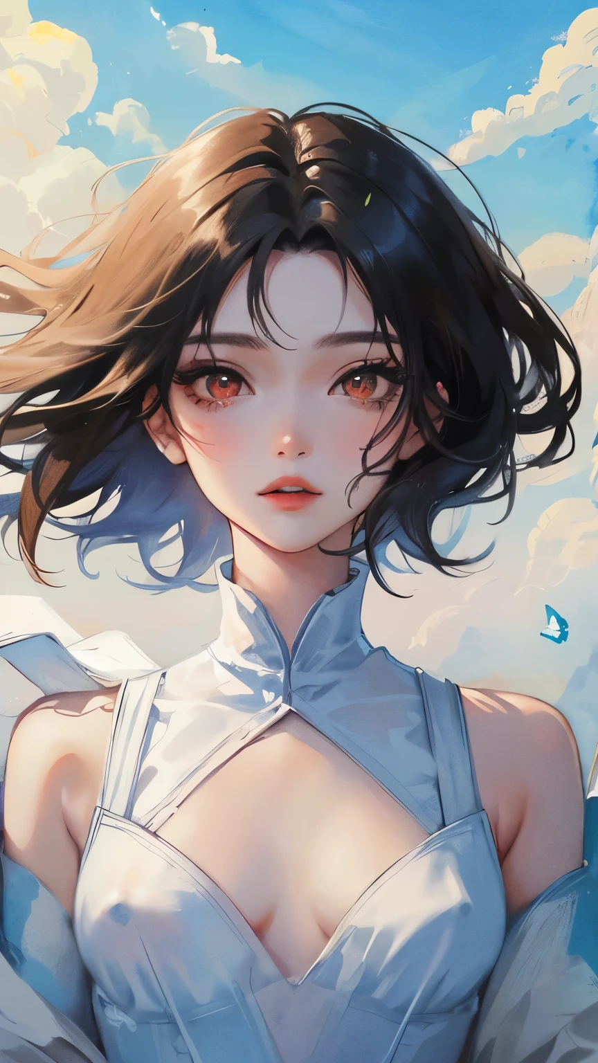 (Image from chest up:1.4)((masterpiece:1.5,Highest quality,Beautiful images、2.5D、Abstract、Artistic、Portraiture))(One girl, solo)(medium breasts, Black Hair、short hair、Beautiful breasts、Expose your shoulders)(profile、Look at an angle、shake your head、Sad look, Floating Hair)(Plain background:1.5)((from side:1.5)),See-through gown