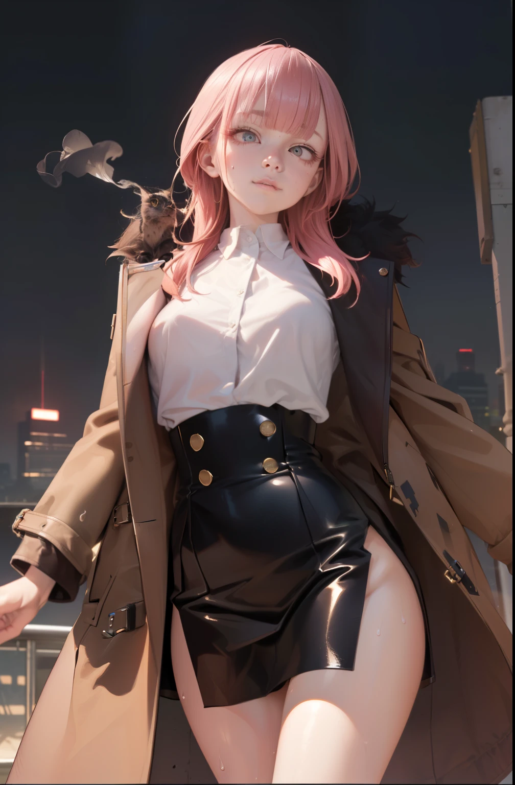 cinematic lighting、(key light:Front diagonal 45 degrees, fill light、Backlight、shadow、blue and orange color palette), accurate human body、detailed person、Correct five-finger、
((masterpiece、high quality、High resolution、4k, 8k, Blue Archive Official Art、live action)),knowledgeable person、detailed face、fine eyes、fine eyes、 (dripping Sweat、oil skin,glowing skin、realistic skin texture、Fine and beautiful skin、shiny skin, big breasts、beautiful thighs, mature pretty woman、transparent eyes、sexy、(細い body and limbs,), (random pose) , ((clear eyes、double eyelid、big breasts))、((character : Karin Kakudate Blue Archive))、ぶら下がるbig breastsがシャツから見える、brown coat with fur、night view、night room、dark、lights out、skyscraper、cyber punk、Rooftop of a building with a glowing helipad、fluttering wind、night breeze、かっこいいstanding pose、((thin waist、thin thighs、beautiful feet))、standing pose、((vapor,Sweat,what))、(black leather high waist slit skirt),((stare into the distance, landscape))、With a bewitching smile、(((迸るSweat、oil skin,glowing skin、realistic skin texture、fine and beautiful skin、shiny skin、shiny skin)))、Pale image、pale light