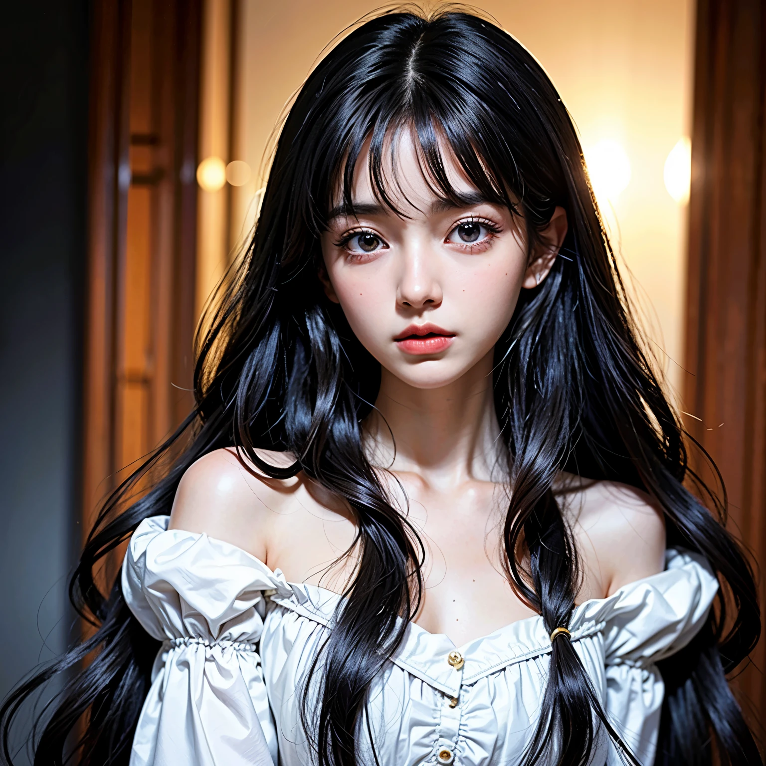 highest quality、masterpiece、(realistic:1.2), (((18-year-old, , Mature face)))、super long wavy hair、black hair color, bangs between the eyes、white skin、glowing skin、 puff sleeve princess dress、cottage core、 frontage、detailed face、so beautiful、Sparkling vivid Violet eyes、(bright look:1.1)、 Winter Vivid and sharp focus、(((flat chest))), looking at the viewer,