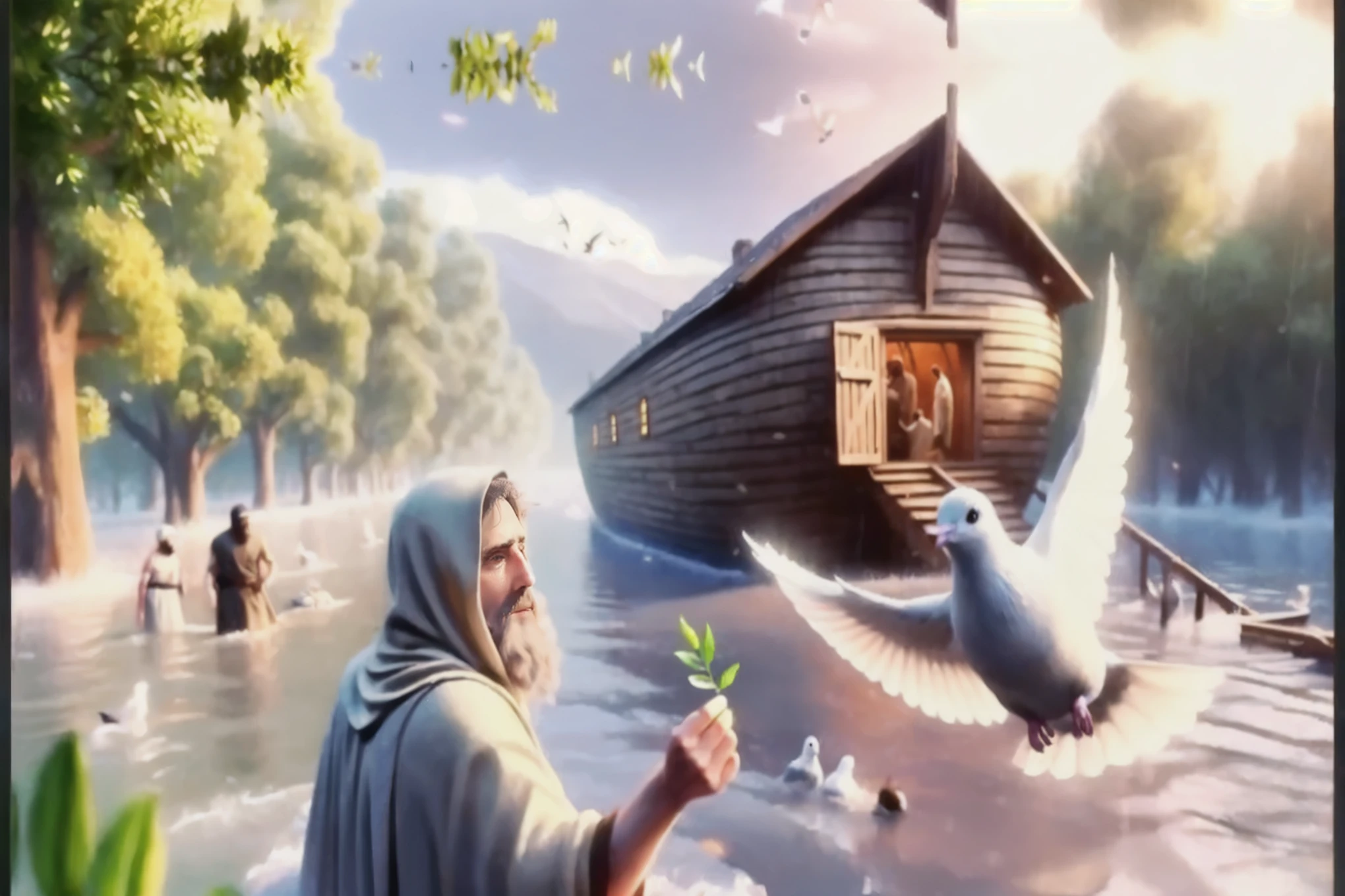 painting of a man in a hooded jacket feeding a bird, noah's ark, biblical painting, epic surrealism 8k oil painting, epic biblical depiction, bible illustration, michael cheval (unreal engine, an epic painting of an artist, biblical art style, by Alexander Kucharsky, beautiful depiction, by Krzysztof Boguszewski