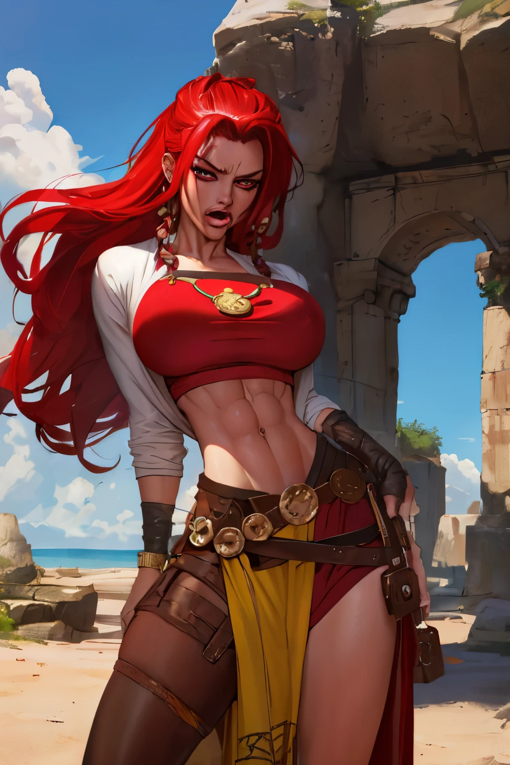 Girl with wavy red hair and rebellious, ((hair slicked back)), (((angry eyes))), ((dark circles around eyes)), (slendered abs:1.2), scar over left eye,erect nipples under clothes,  golden eyes and tanned skin, ancient roman pirate style clothes, (gigantic breasts), background with clouds, realistic manhwa style.