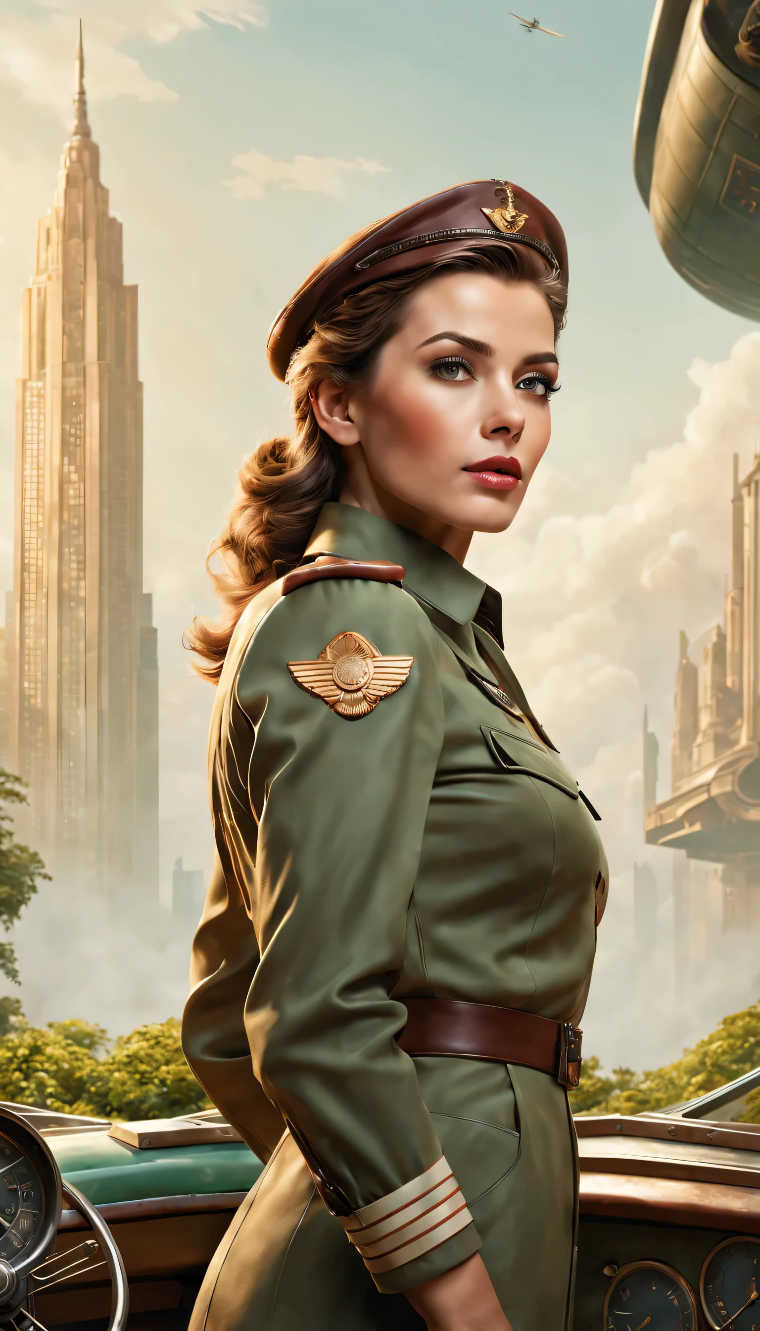 In the misty, retro-futuristic landscape, a female pilot stands boldly. Her eyes are beautifully detailed, with long eyelashes that add to her captivating gaze. The soft, natural light illuminates her face, highlighting her expressive lips that hold a subtle smile. She wears a sleek, vintage pilot uniform, exuding confidence and determination.

The scenery around her is filled with elements of both futuristic technology and nostalgic elements. In the distance, towering skyscrapers blend seamlessly with elegant, old-fashioned architecture. The colors are subdued and harmonious, with a touch of sepia tone, adding to the vintage vibe. The landscape is adorned with vibrant green foliage, indicating the presence of a garden or park.

The quality of the artwork is of the utmost importance, ensuring the finest details are captured with precision. The prompt begins with "(best quality, 4k, 8k, highres, masterpiece:1.2), ultra-detailed, (realistic, photorealistic, photo-realistic:1.37)." This guarantees a masterful and lifelike depiction of the scene. The lighting is carefully crafted, with a professional touch to create a sense of depth and realism. The sharp focus showcases every intricate detail, from the pilot's uniform buttons to the texture of the surrounding architecture.

The art style chosen for this prompt is a fusion of concept art and photography, blending the fantastical elements of the future with the tangible aspects of reality. This combination results in a unique and captivating visual experience. The overall color palette leans towards warm tones, with hints of rust and bronze, giving the artwork a sense of antiquity and nostalgia.

The prompt encapsulates the essence of a retro-futuristic landscape, featuring a confident female pilot amidst a harmonious blend of old and new. The attention to detail, realistic rendering, and artistic style ensure a visually stunning and thought-provoking masterpiece.