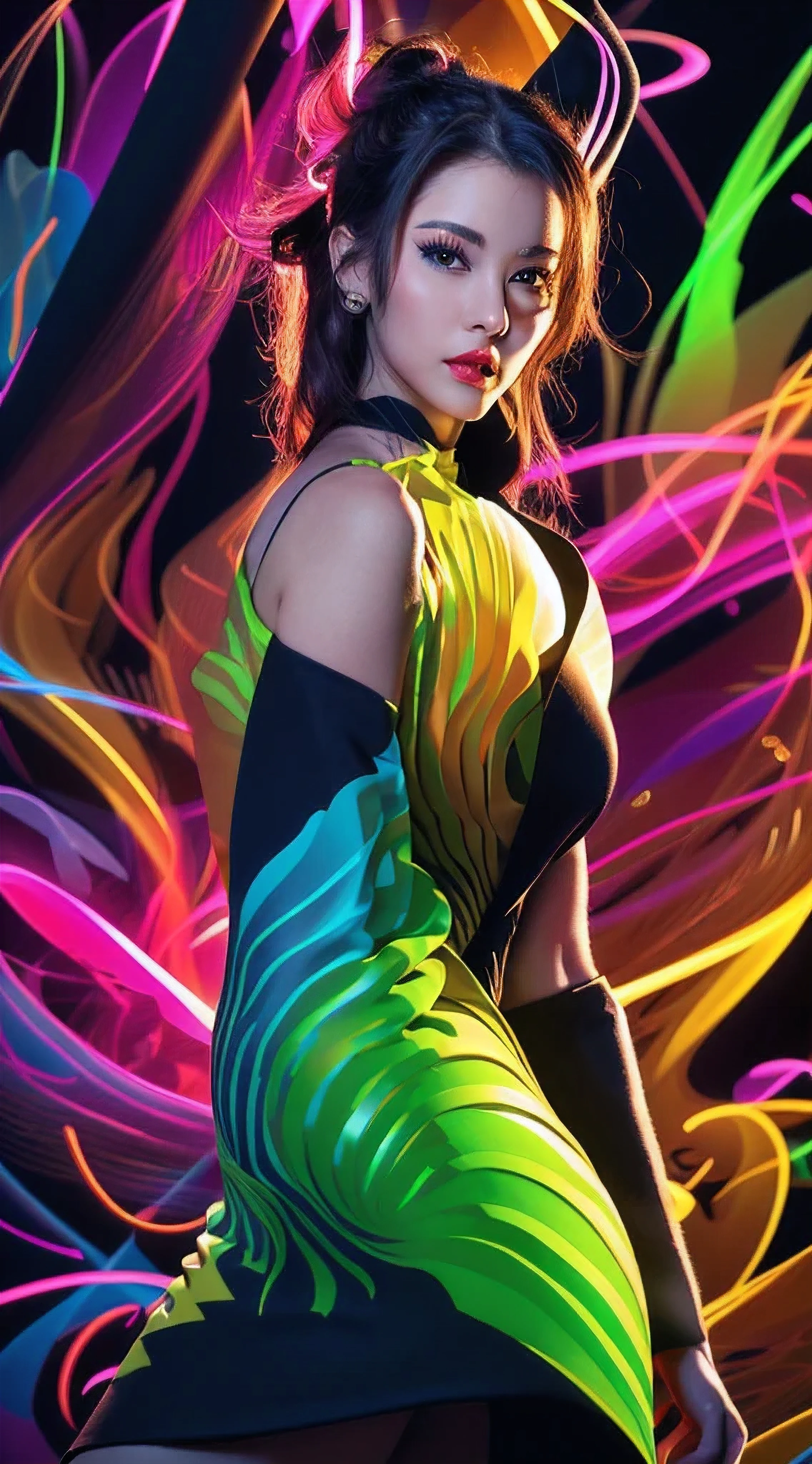 (masutepiece, of the highest quality, Best Quality, Official art, Beautiful and aesthetic:1.2), (1girl in:1.3), Extremely detailed,(Fractal Art:1.2),Colorful,highest details,( Zentangle Neon:1.2), (Dynamic Pose), (Abstract background neon:1.5), (Congressional Dresses:1.2), (Shiny skin), (Many colors:1.4), half body , medium breast, neons,16 K,Full-HD