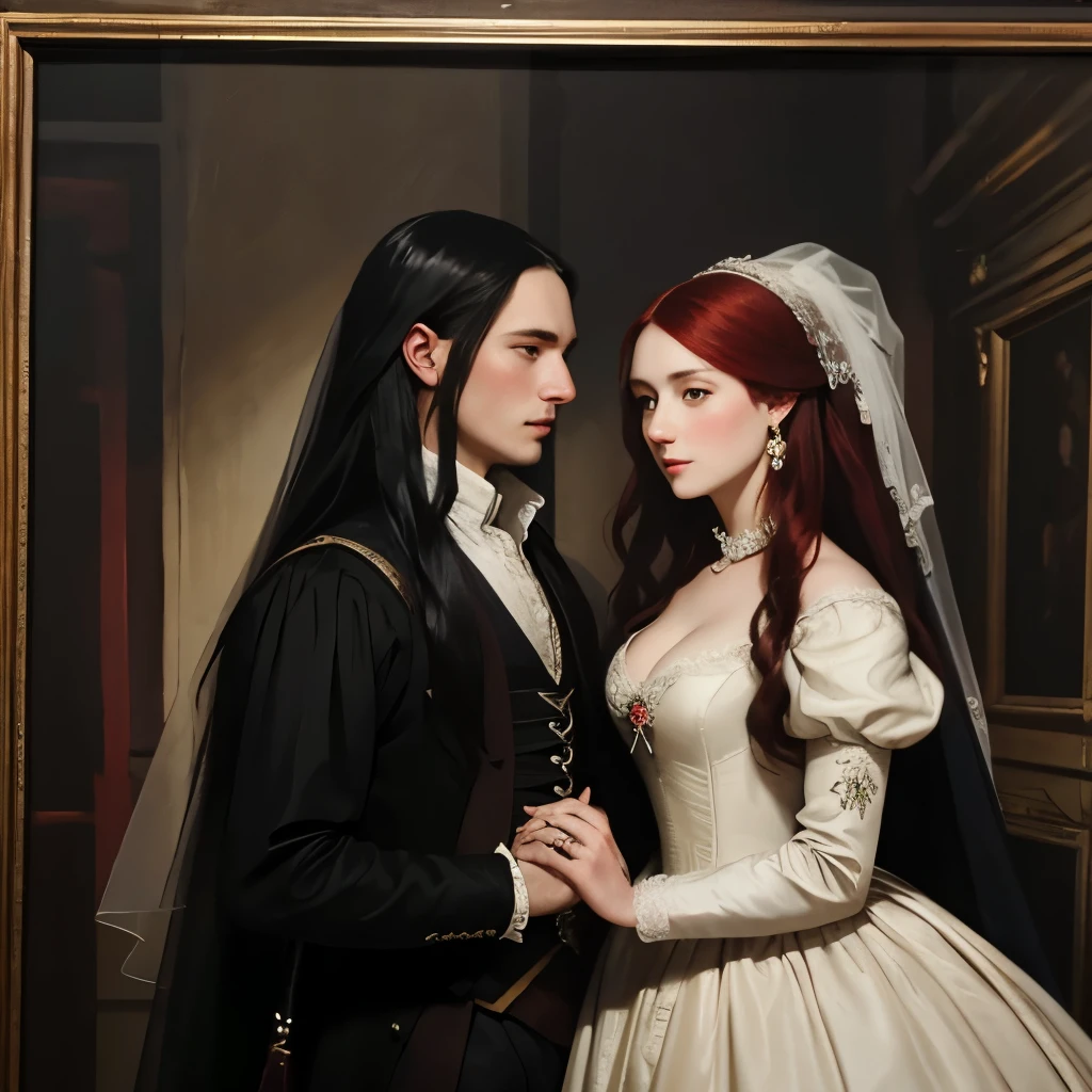 17th century oil painting, 17th century colonial american wedding, english young man with long black hair, redhair woman in a bride dress