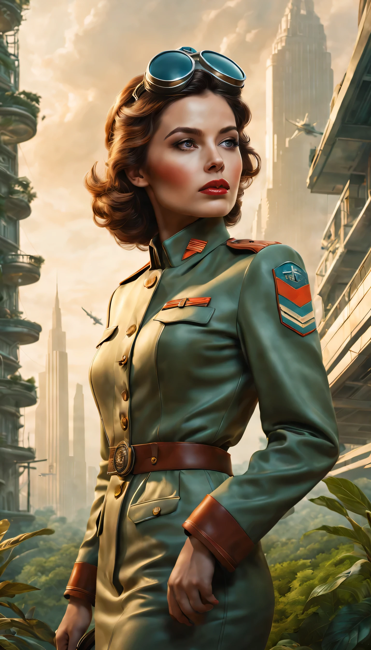 In the misty, retro-futuristic landscape, a female pilot stands boldly. Her eyes are beautifully detailed, with long eyelashes that add to her captivating gaze. The soft, natural light illuminates her face, highlighting her expressive lips that hold a subtle smile. She wears a sleek, vintage pilot uniform, exuding confidence and determination.
The scenery around her is filled with elements of both futuristic technology and nostalgic elements. In the distance, towering skyscrapers blend seamlessly with elegant, old-fashioned architecture. The colors are subdued and harmonious, with a touch of sepia tone, adding to the vintage vibe. The landscape is adorned with vibrant green foliage, indicating the presence of a garden or park.
The quality of the artwork is of the utmost importance, ensuring the finest details are captured with precision. The prompt begins with "(best quality, 4k, 8k, highres, masterpiece:1.2), ultra-detailed, (realistic, photorealistic, photo-realistic:1.37)." This guarantees a masterful and lifelike depiction of the scene. The lighting is carefully crafted, with a professional touch to create a sense of depth and realism. The sharp focus showcases every intricate detail, from the pilot's uniform buttons to the texture of the surrounding architecture.
The art style chosen for this prompt is a fusion of concept art and photography, blending the fantastical elements of the future with the tangible aspects of reality. This combination results in a unique and captivating visual experience. The overall color palette leans towards warm tones, with hints of rust and bronze, giving the artwork a sense of antiquity and nostalgia.
The prompt encapsulates the essence of a retro-futuristic landscape, featuring a confident female pilot amidst a harmonious blend of old and new. The attention to detail, realistic rendering, and artistic style ensure a visually stunning and thought-provoking masterpiece.