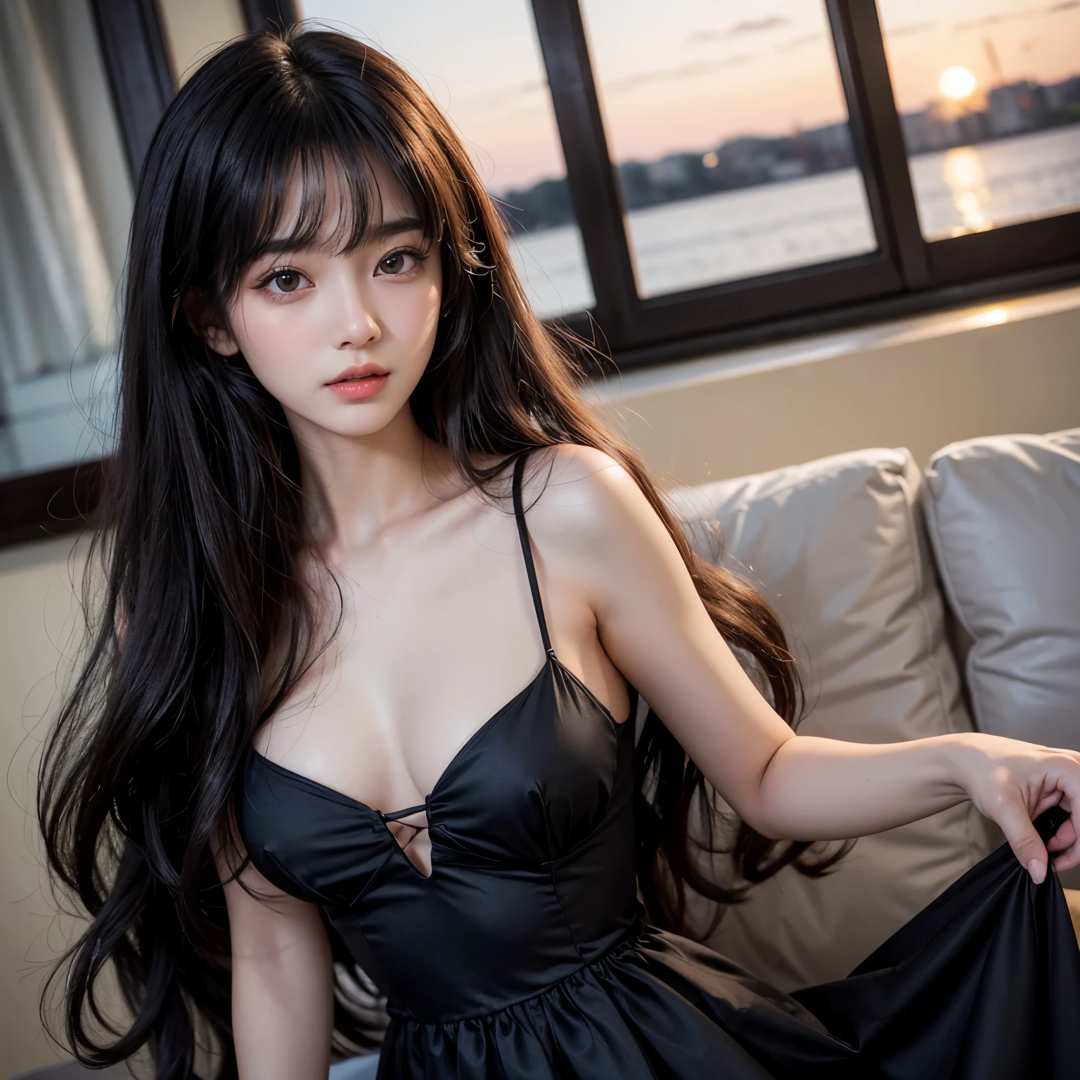 highest quality、masterpiece、(realistic:1.1), (((20-year-old, , Very cute face)))、super long wavy hair、black hair color, bangs between the eyes、tan skin、glowing skin、 princess dress, frontage、detailed face、so beautiful、Sparkling vivid black eyes、(bright look:1.1)、 Winter Vivid and sharp focus, ((())),looking at the viewer, top-quality、超A high resolution、a black dress、tiny breasts