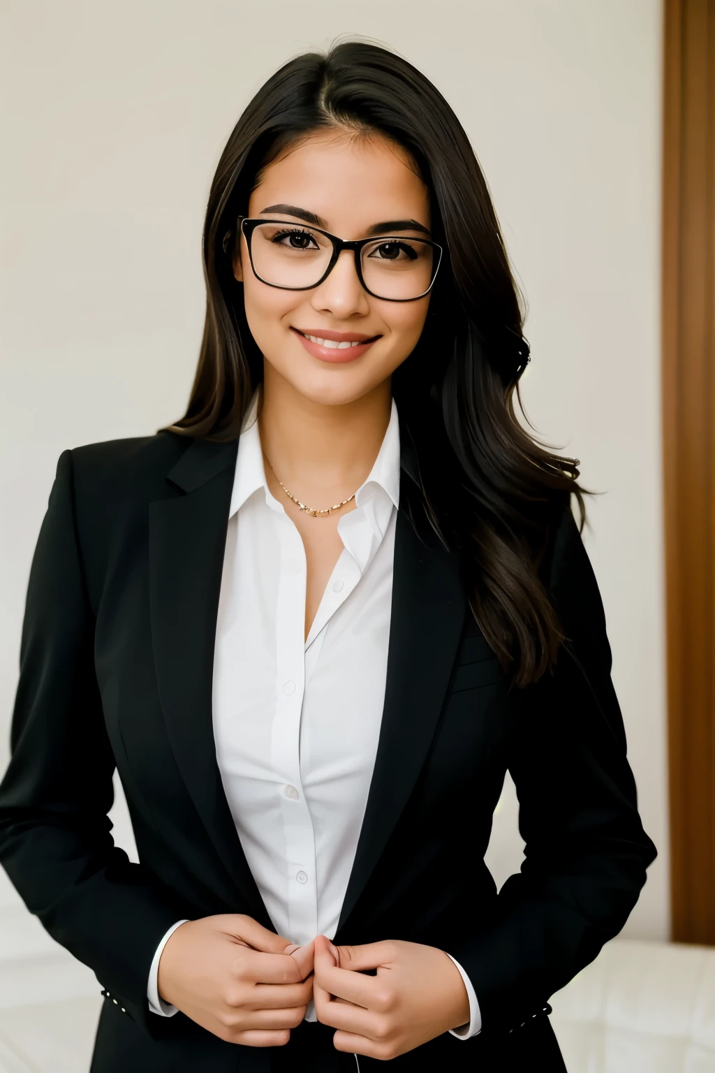 a woman in glasses and a suit posing in a room, in suit with black glasses, with glasses, sexy girl, sexy look, thick glasses, in strict suit, girl in suit, wearing a suit and glasses, girl in a suit, captivating and enticing, with glasses on, in a strict suit, nerdy, sexy body, with a seductive smile